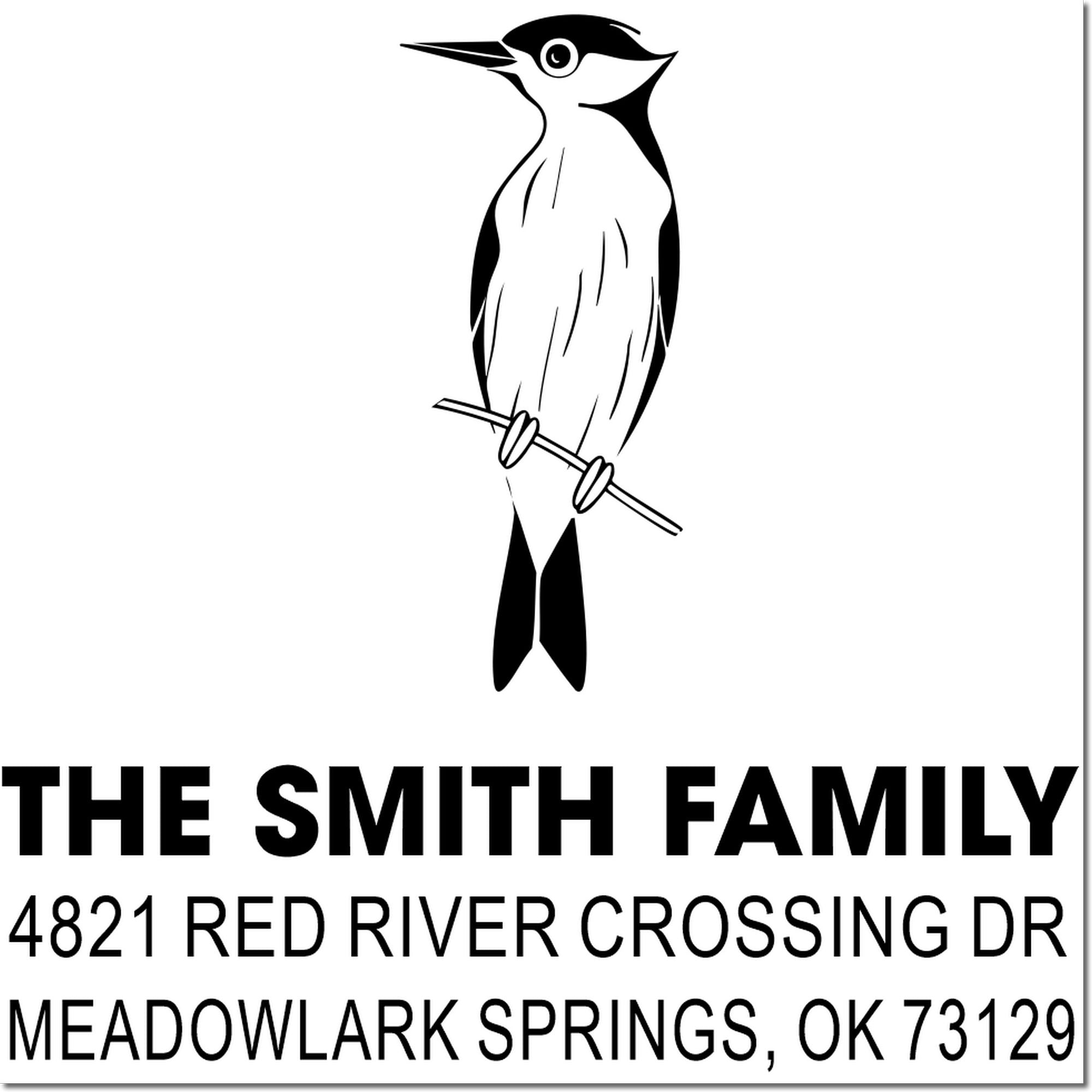 Custom personalized return address rubber stamp with bird logo, The Smith Family, 4821 Red River Crossing Dr, Meadowlark Springs, OK 73129