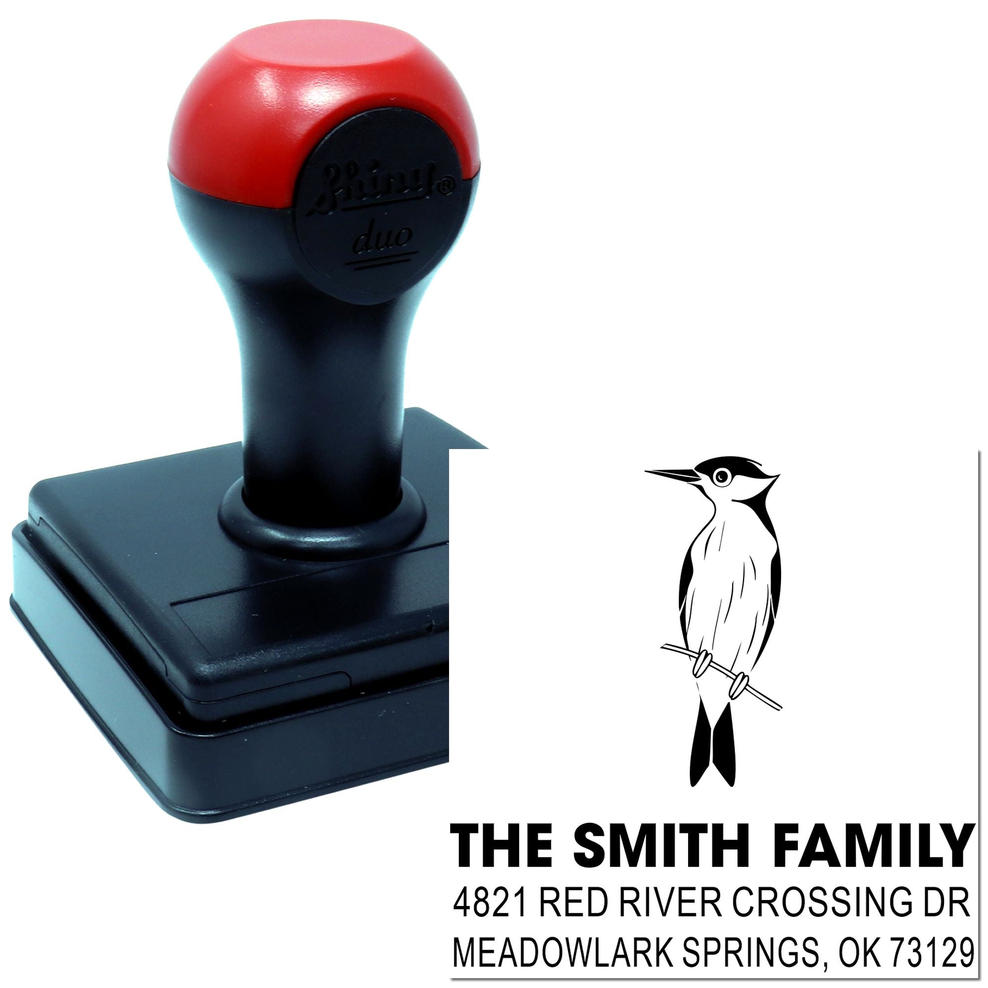 Custom self-inking rubber address stamp with bird logo, family name, and Meadowlark Springs, OK return address for mailing, labels, and business use.