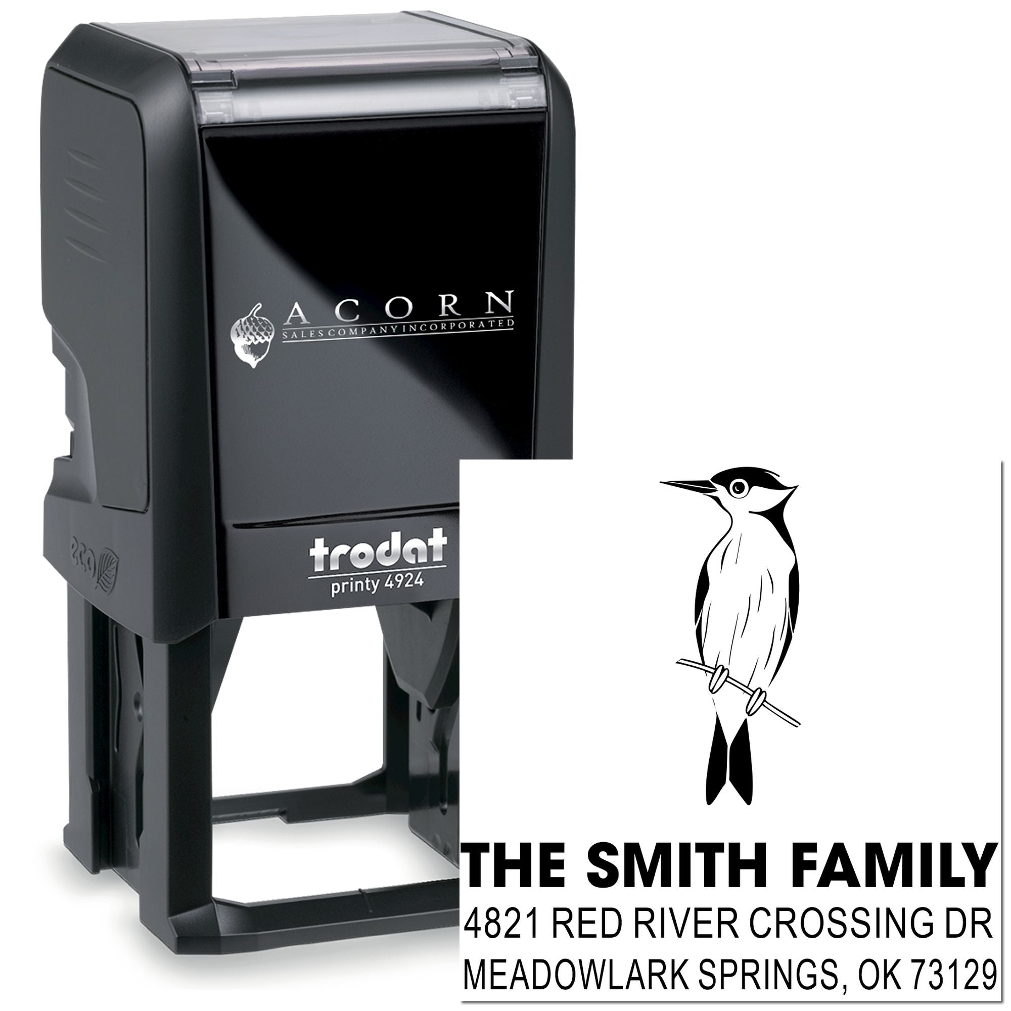 Custom self-inking Trodat Printy 4924 rubber stamp with woodpecker logo, The Smith Family address, and personalized return address imprint