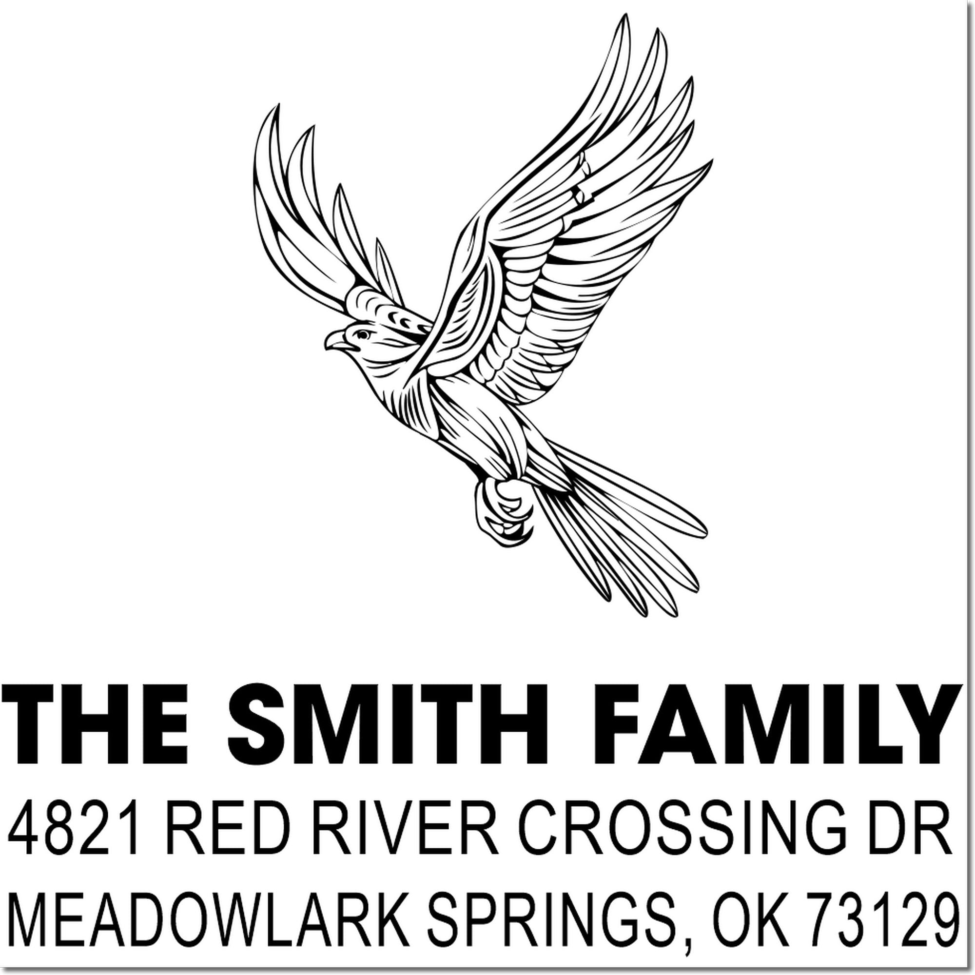 Custom rubber address stamp with flying bird design, The Smith Family, 4821 Red River Crossing Dr, Meadowlark Springs, OK 73129 return address stamp