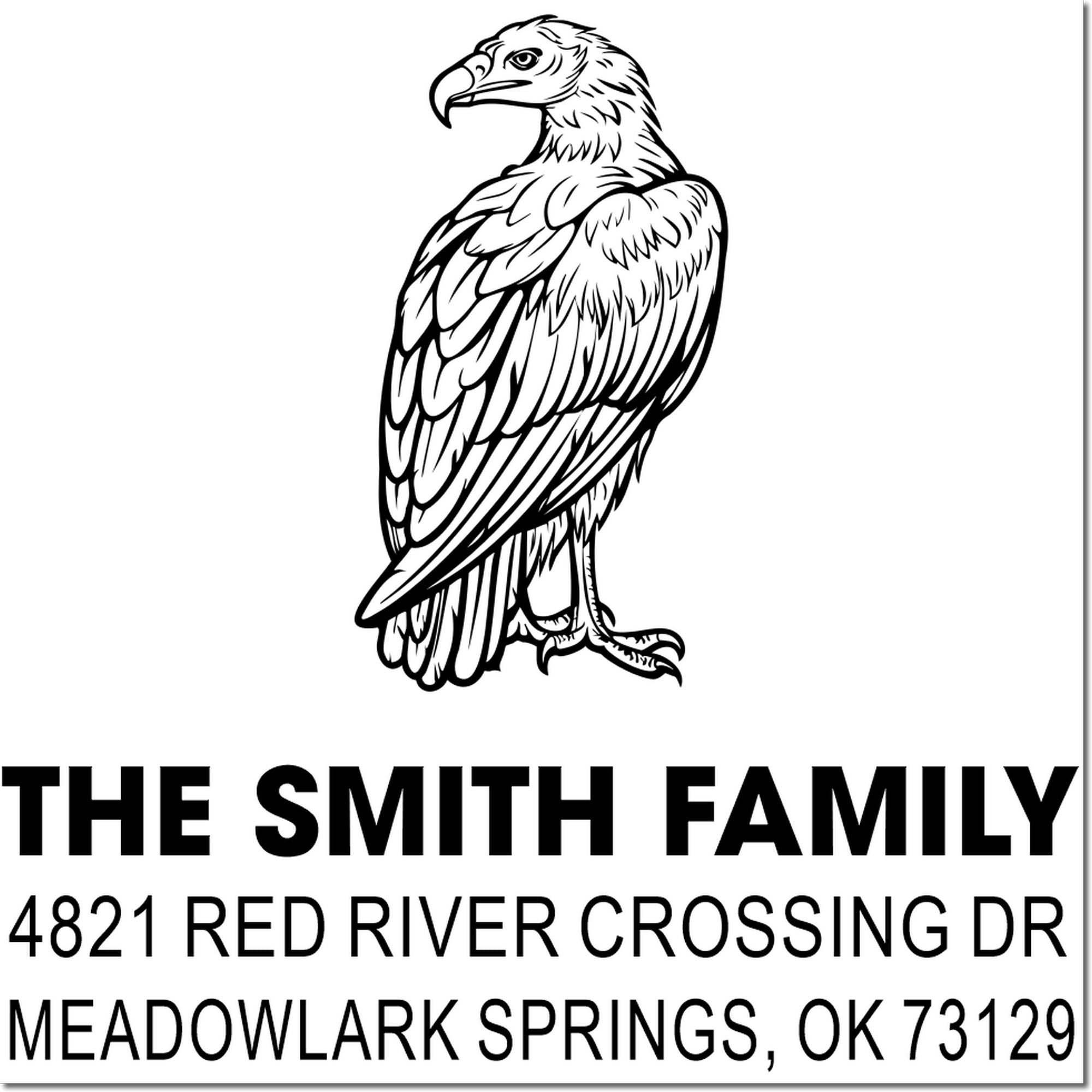 Custom eagle family address rubber stamp with The Smith Family, 4821 Red River Crossing Dr, Meadowlark Springs, OK 73129 for mailing envelopes