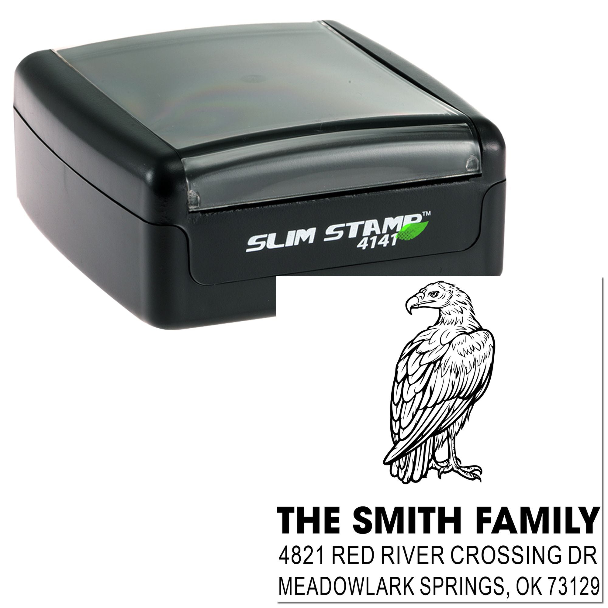 Custom self-inking Slim Stamp 4141 rubber address stamp with eagle design for The Smith Family, 4821 Red River Crossing Dr, Meadowlark Springs OK