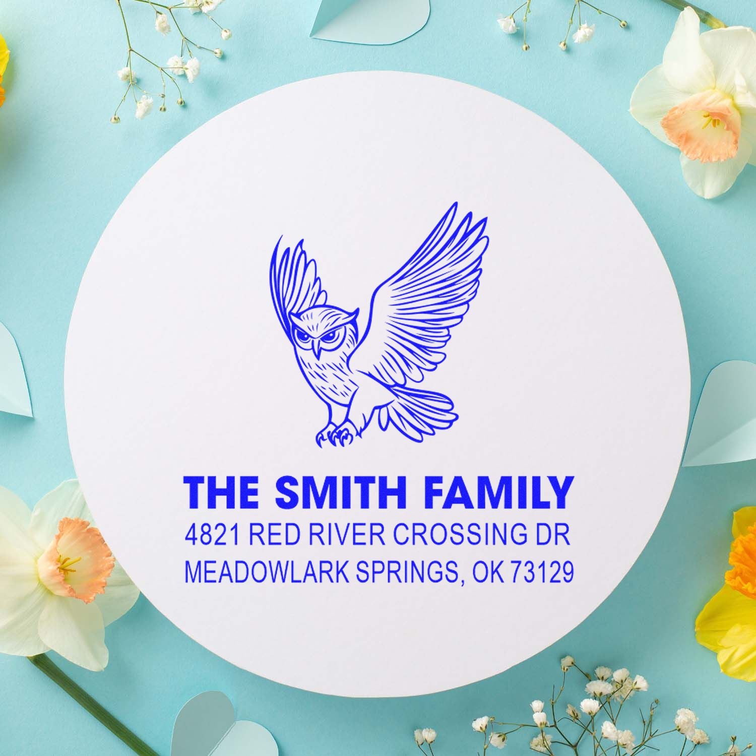 Custom blue owl family address rubber stamp featuring The Smith Family name and Meadowlark Springs, OK return address for envelopes and stationery.