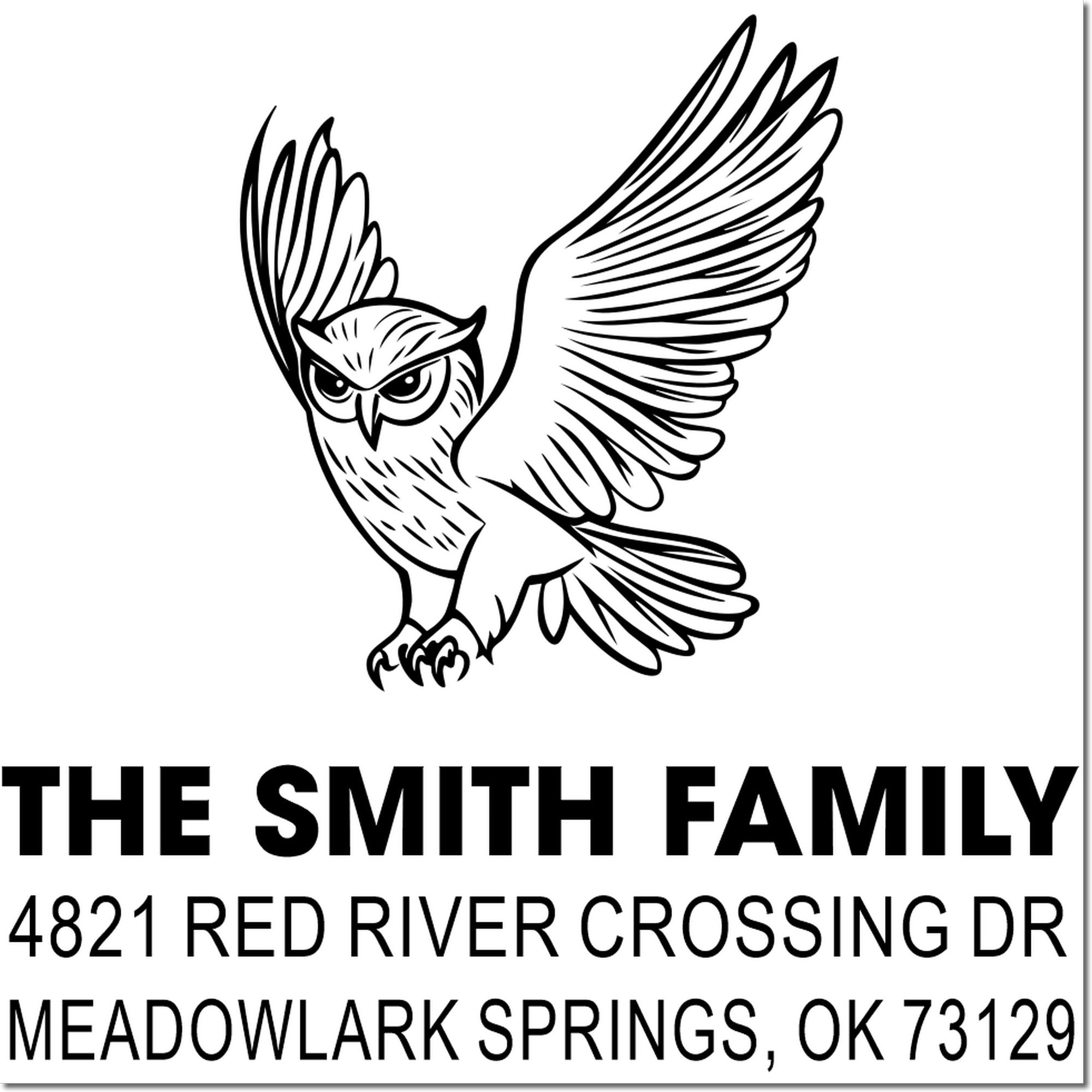 Custom rubber stamp with owl graphic, Smith family name, and Meadowlark Springs, OK 73129 return address for Red River Crossing Dr mailing use