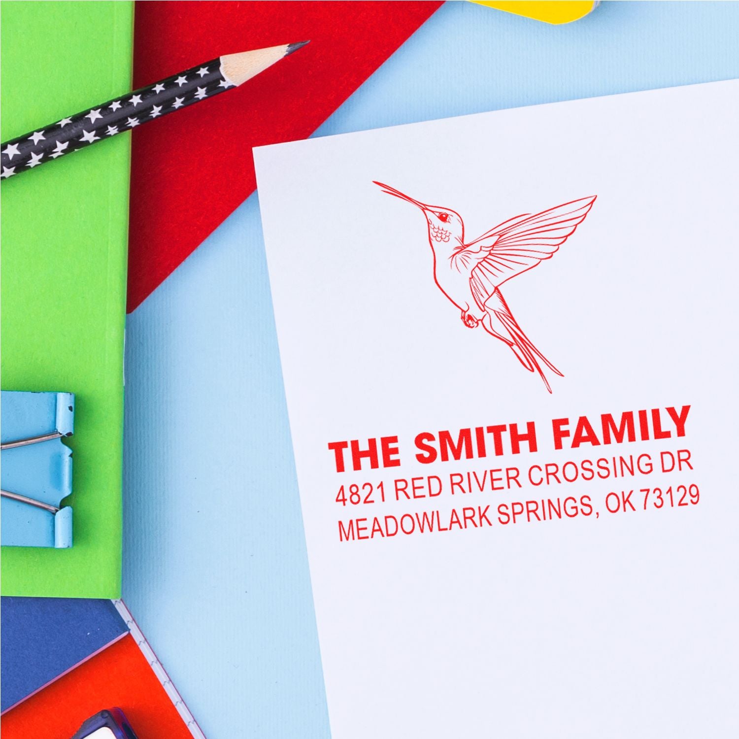Custom return address rubber stamp with hummingbird design, personalized family name and address for envelopes, wedding invites, and home mail