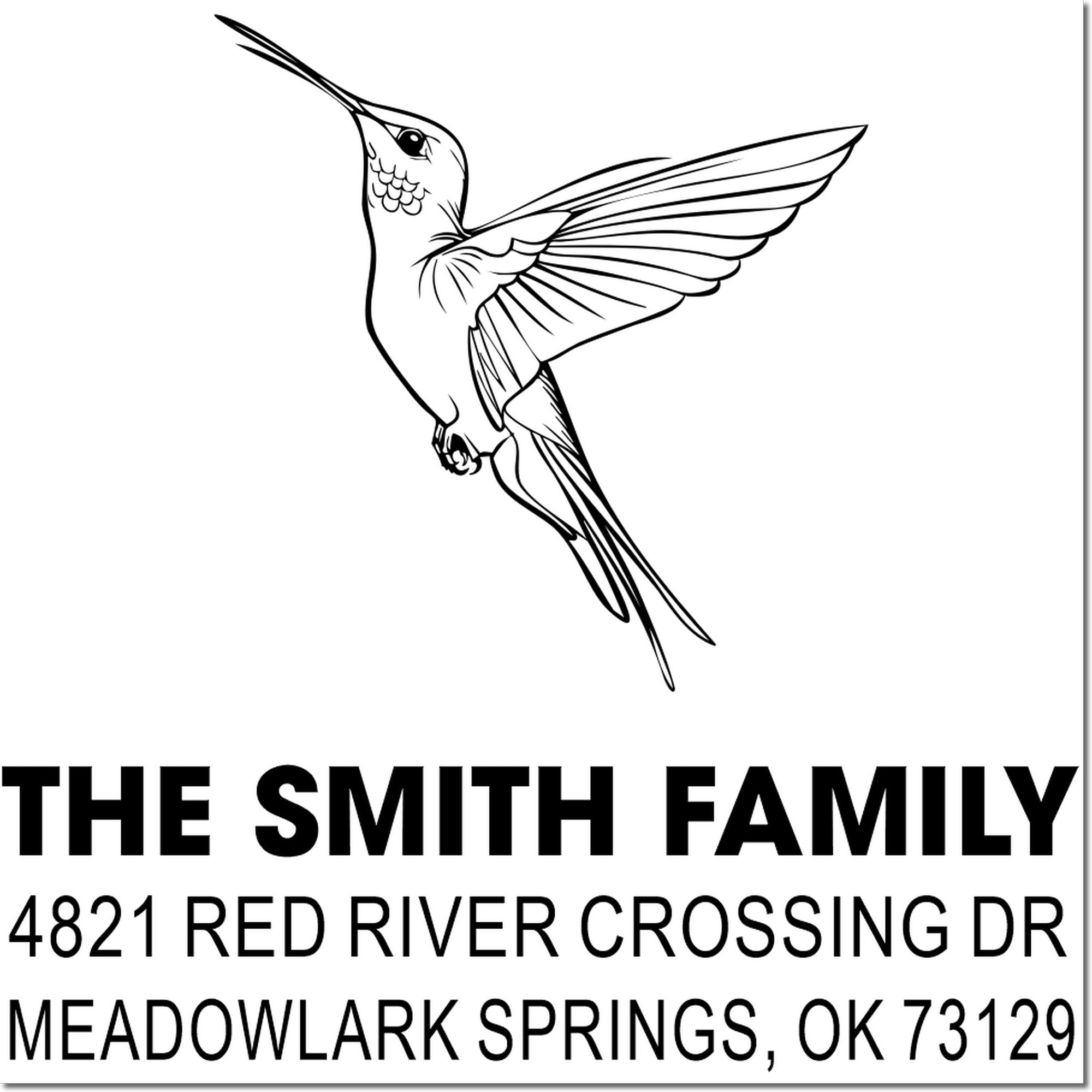 Custom return address rubber stamp with hummingbird line art, The Smith Family, 4821 Red River Crossing Dr, Meadowlark Springs, OK 73129