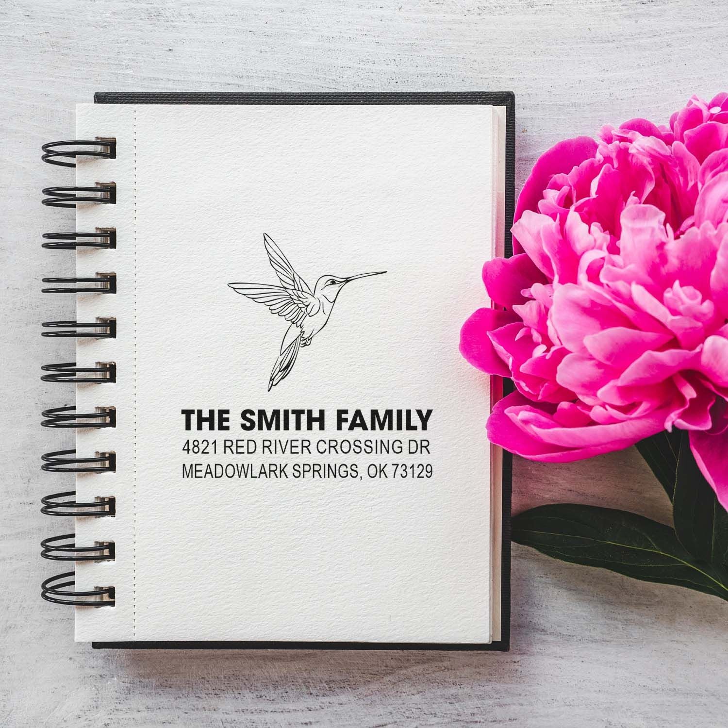 Custom hummingbird return address rubber stamp for The Smith Family with Meadowlark Springs, OK address, ideal for wedding stationery and mailings
