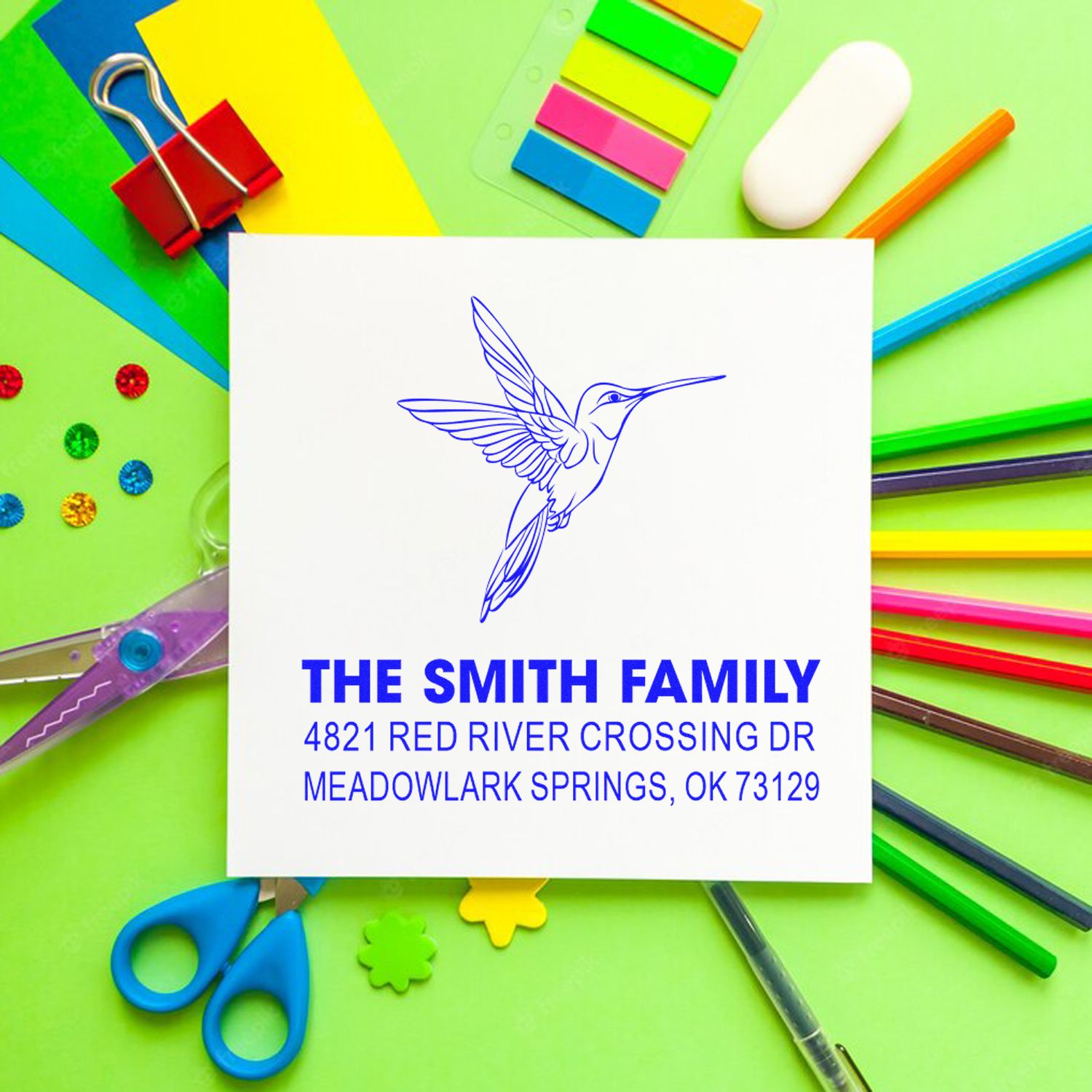 Personalized hummingbird address rubber stamp with Smith family name and return mailing address, perfect for envelopes, stationery, and crafts.