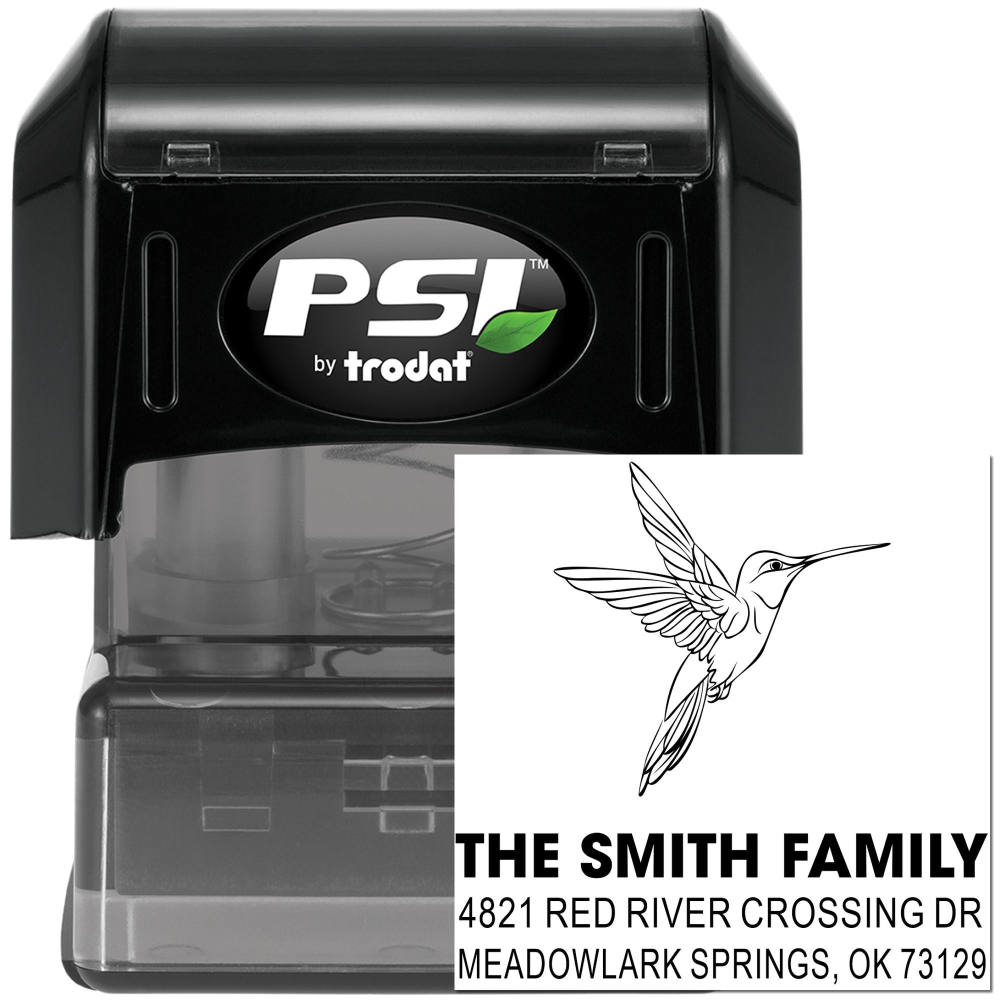 Custom self-inking rubber stamp with hummingbird design, family name, street address, city, state and ZIP for mailing and return address use