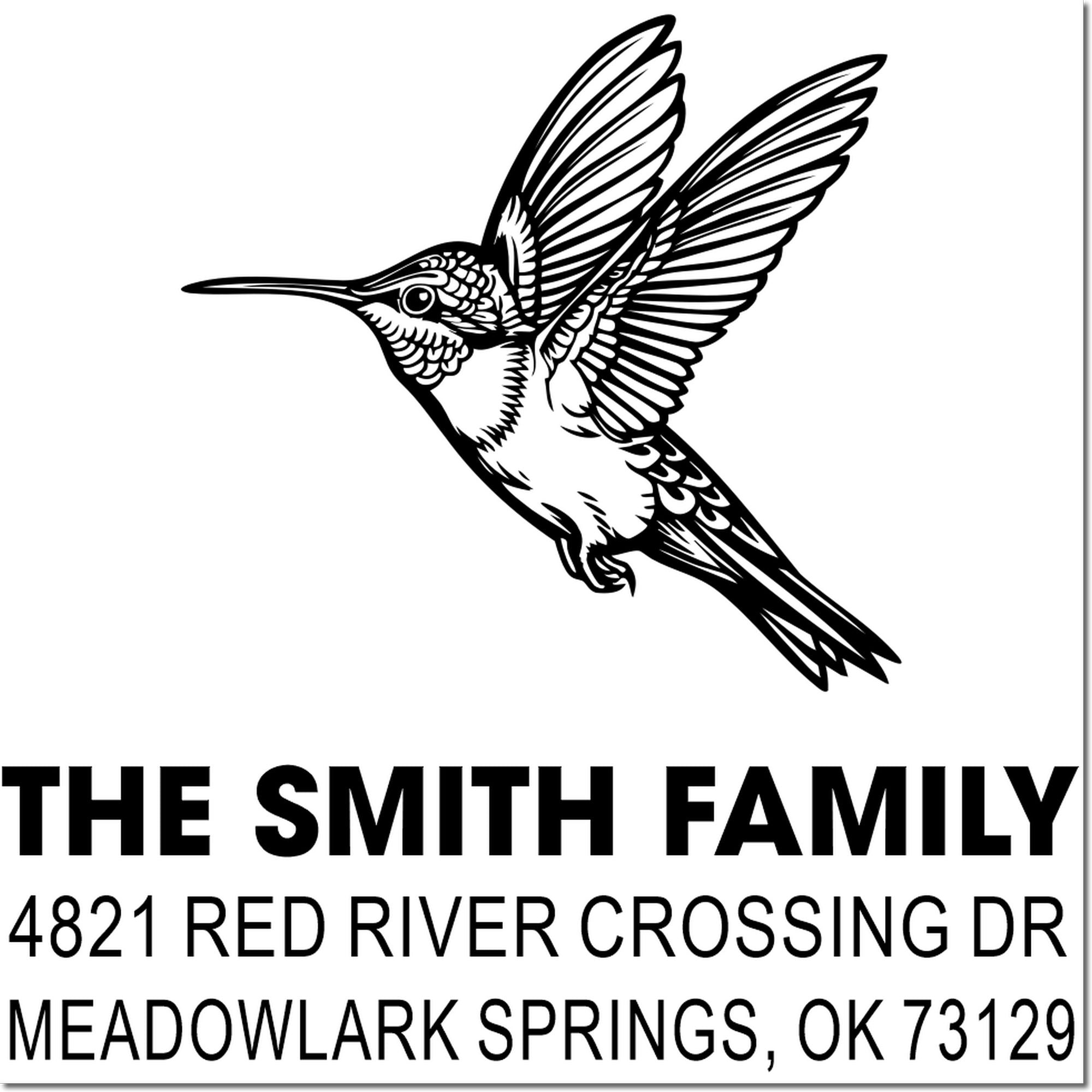 Custom rubber stamp with hummingbird design, The Smith Family name and address, ideal for personalized return address stamping and mailings