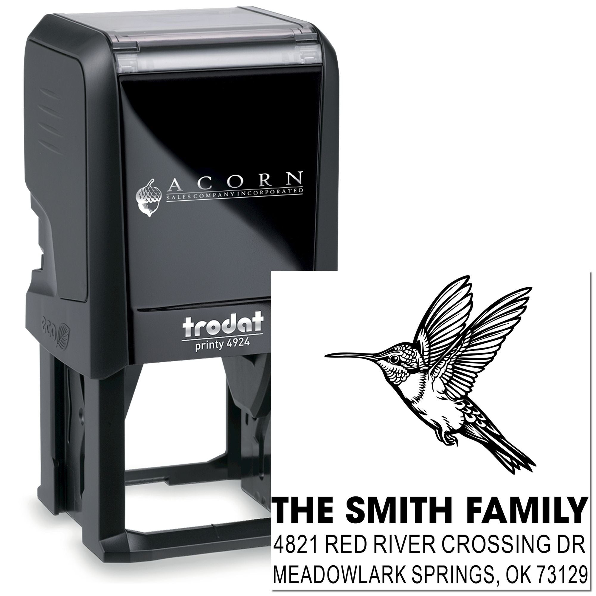 Custom self-inking rubber stamp with hummingbird design and The Smith Family address for personalized mailing, business, and craft use