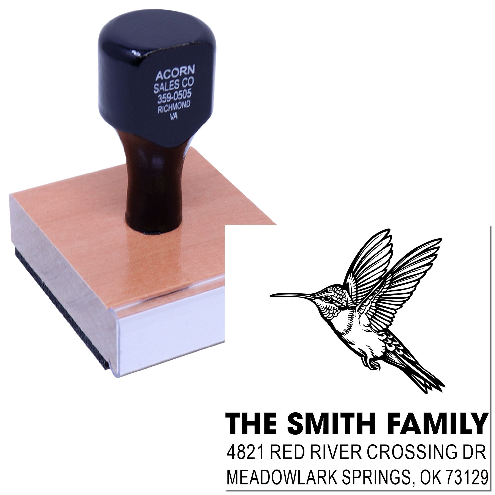 Custom rubber stamp with hummingbird design and return address, perfect for personalized mail, family correspondence, and home organization.