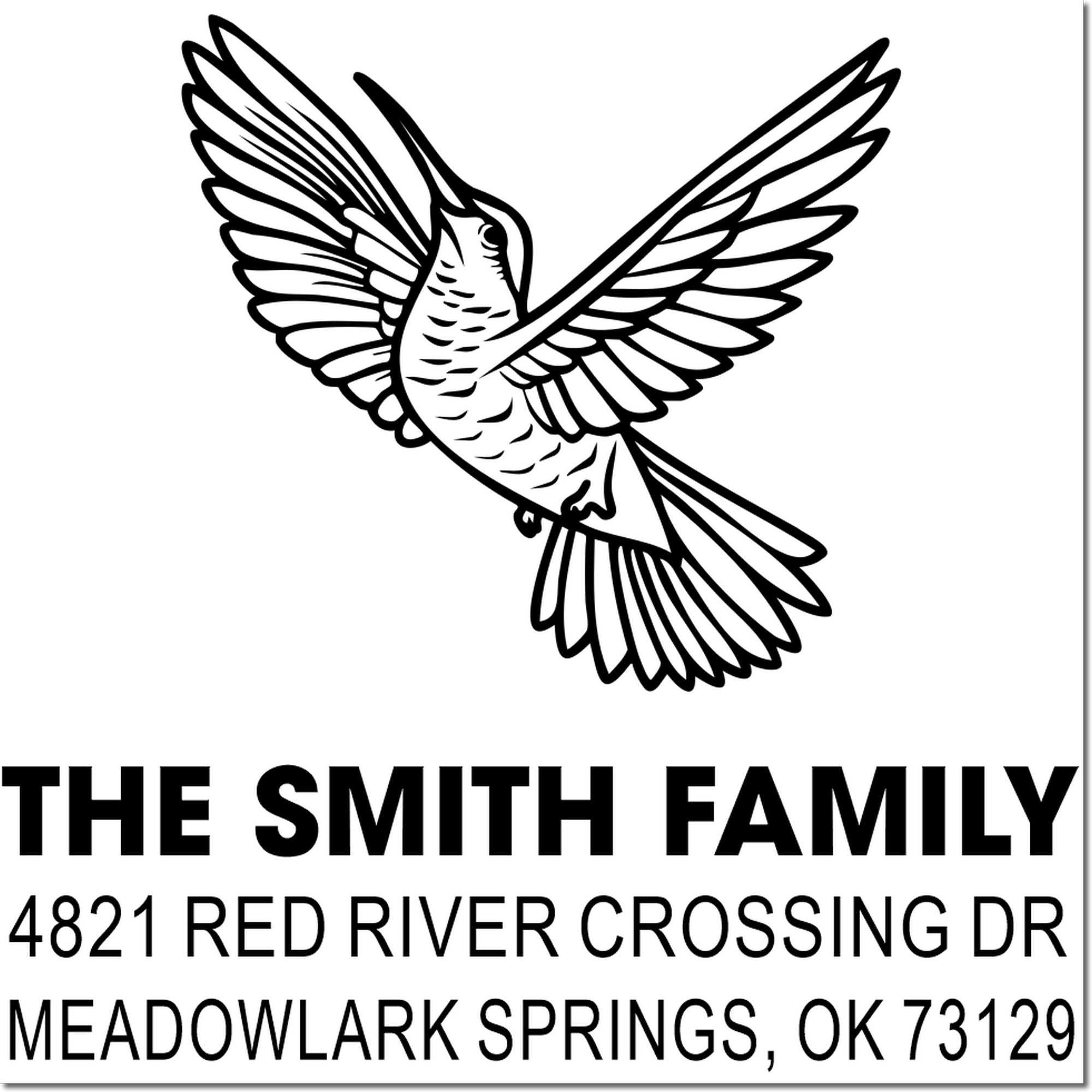 Custom rubber return address stamp with flying hummingbird logo, The Smith Family, 4821 Red River Crossing Dr, Meadowlark Springs, OK 73129