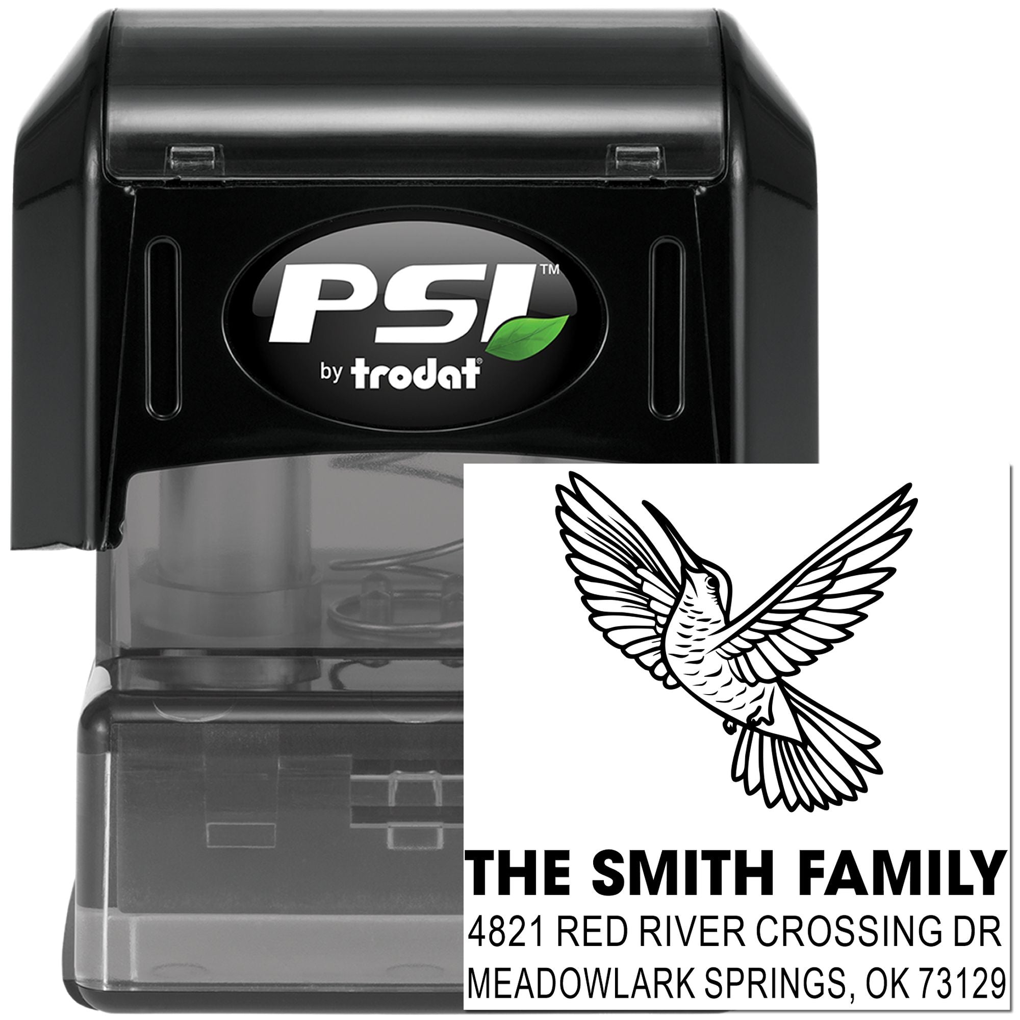 Custom PSI by Trodat self-inking rubber address stamp with bird design for The Smith Family, 4821 Red River Crossing Dr, Meadowlark Springs, OK 73129