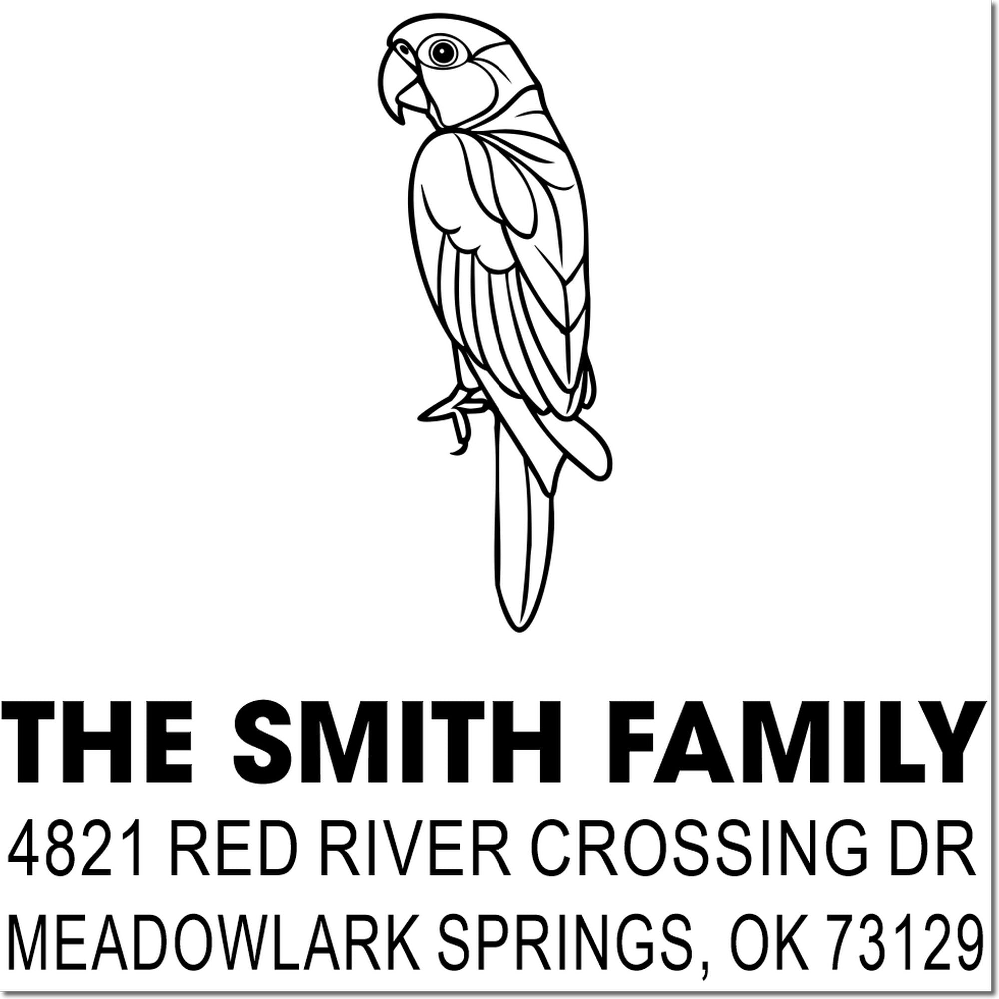 Custom rubber stamp with parrot logo, The Smith Family name, and address for Meadowlark Springs, OK 73129, ideal for mailing and packaging
