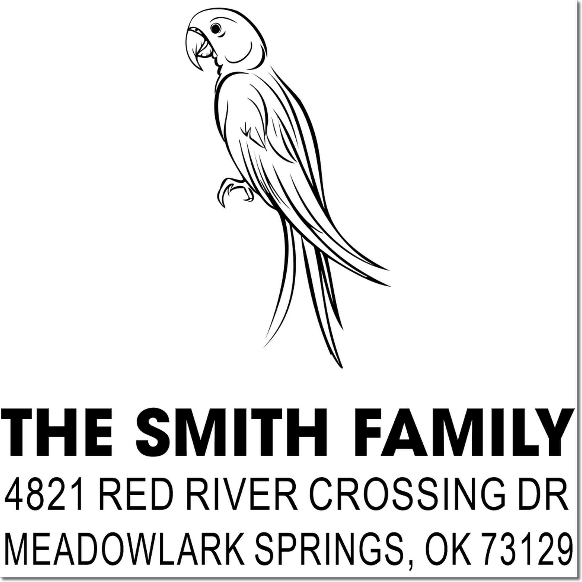 Custom Smith Family rubber stamp with parrot logo, name and return address for Meadowlark Springs, OK 73129, ideal for personal correspondence.