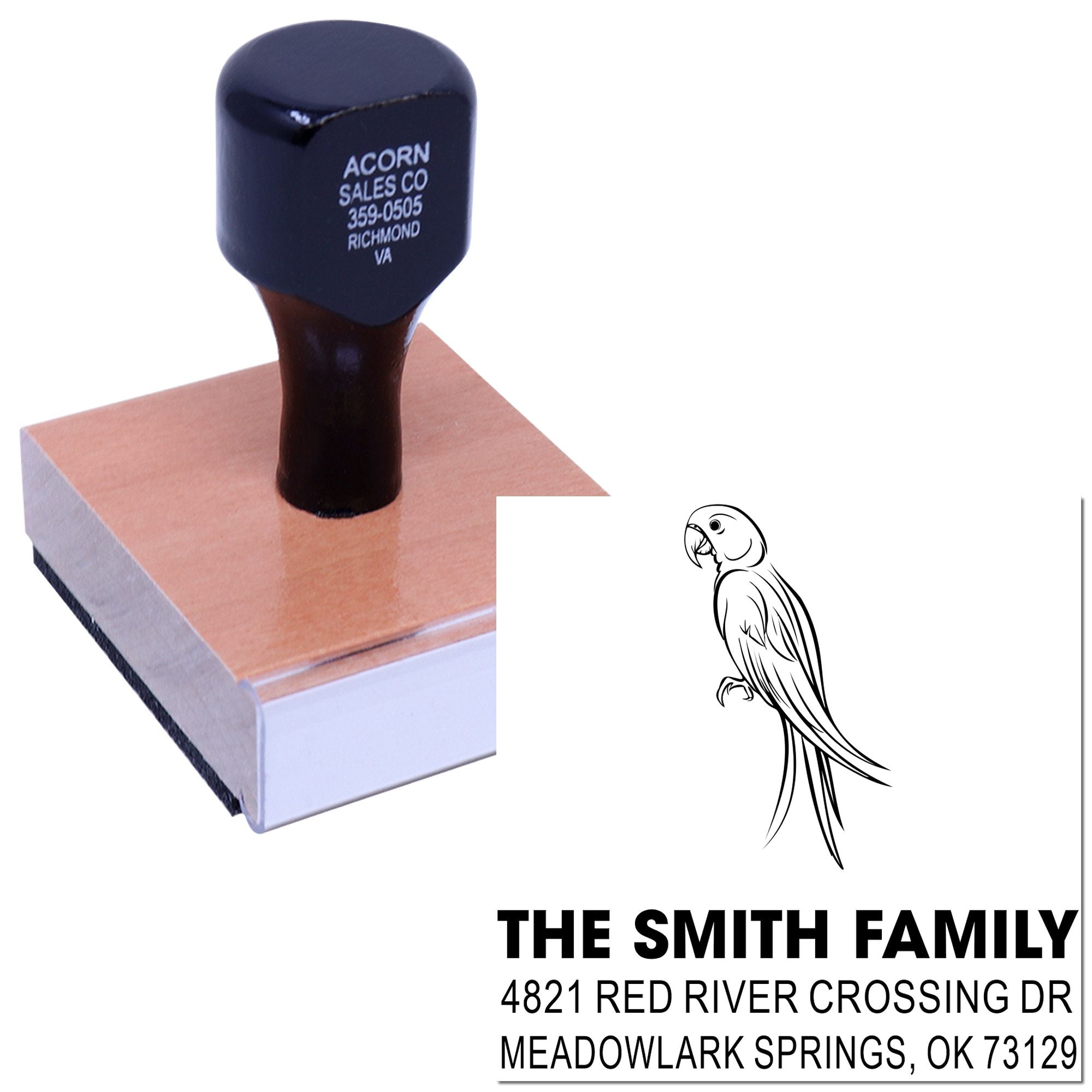 Custom self-inking rubber address stamp with parrot design, personalized family name and return address for mailing envelopes, cards and letters