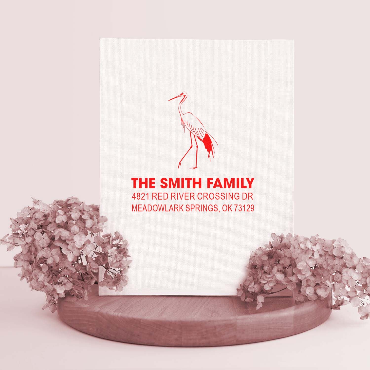 Custom return address rubber stamp with red heron design, personalized Smith Family name and Oklahoma mailing address for wedding stationery.