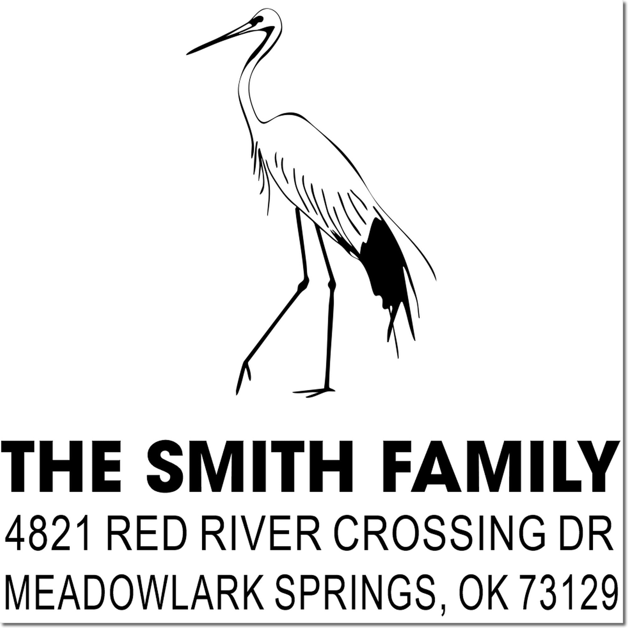 Personalized return address rubber stamp with heron logo for The Smith Family, 4821 Red River Crossing Dr, Meadowlark Springs, OK 73129