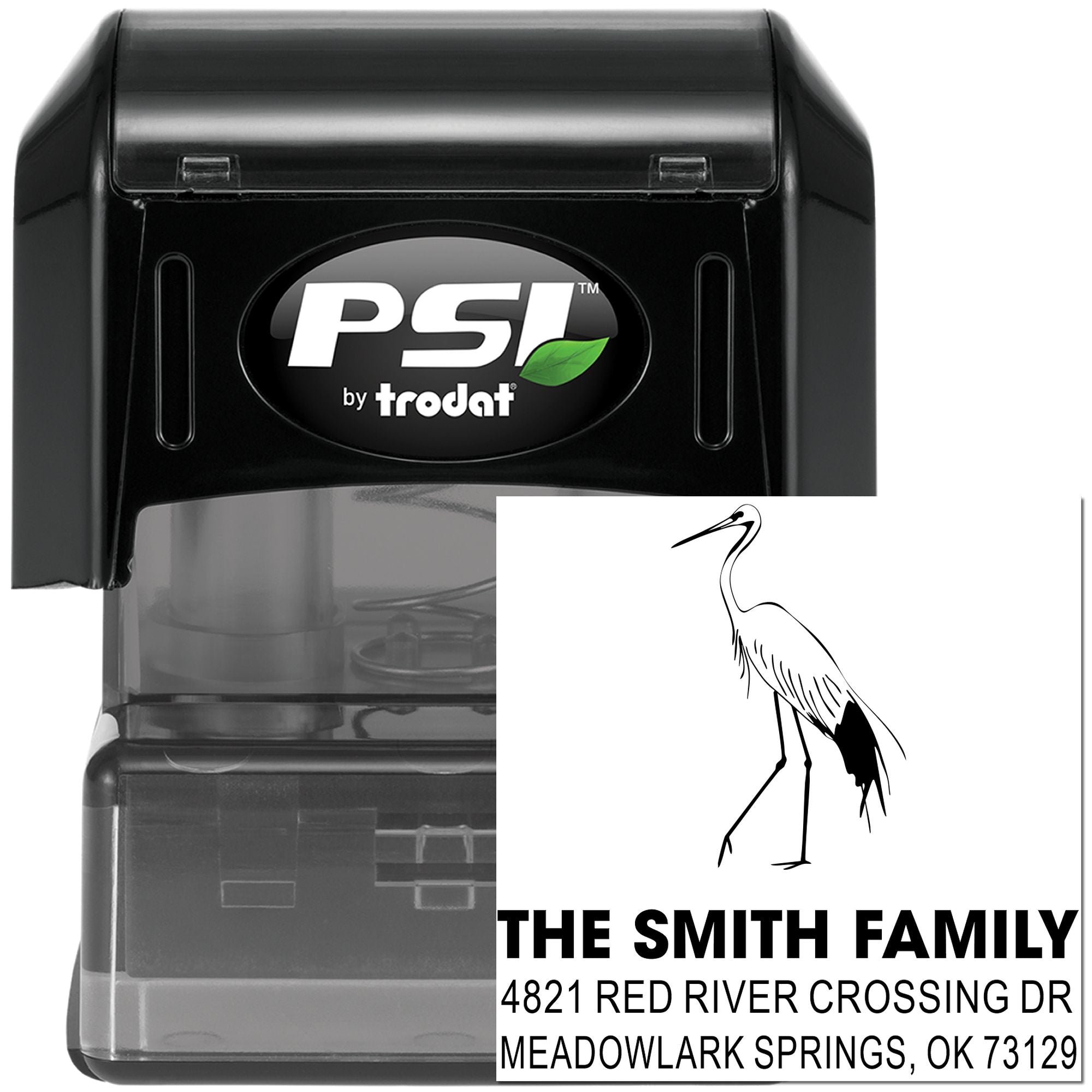Custom PSI by Trodat self-inking rubber stamp with crane design, family name, street address and city state ZIP for personalized mailing labels