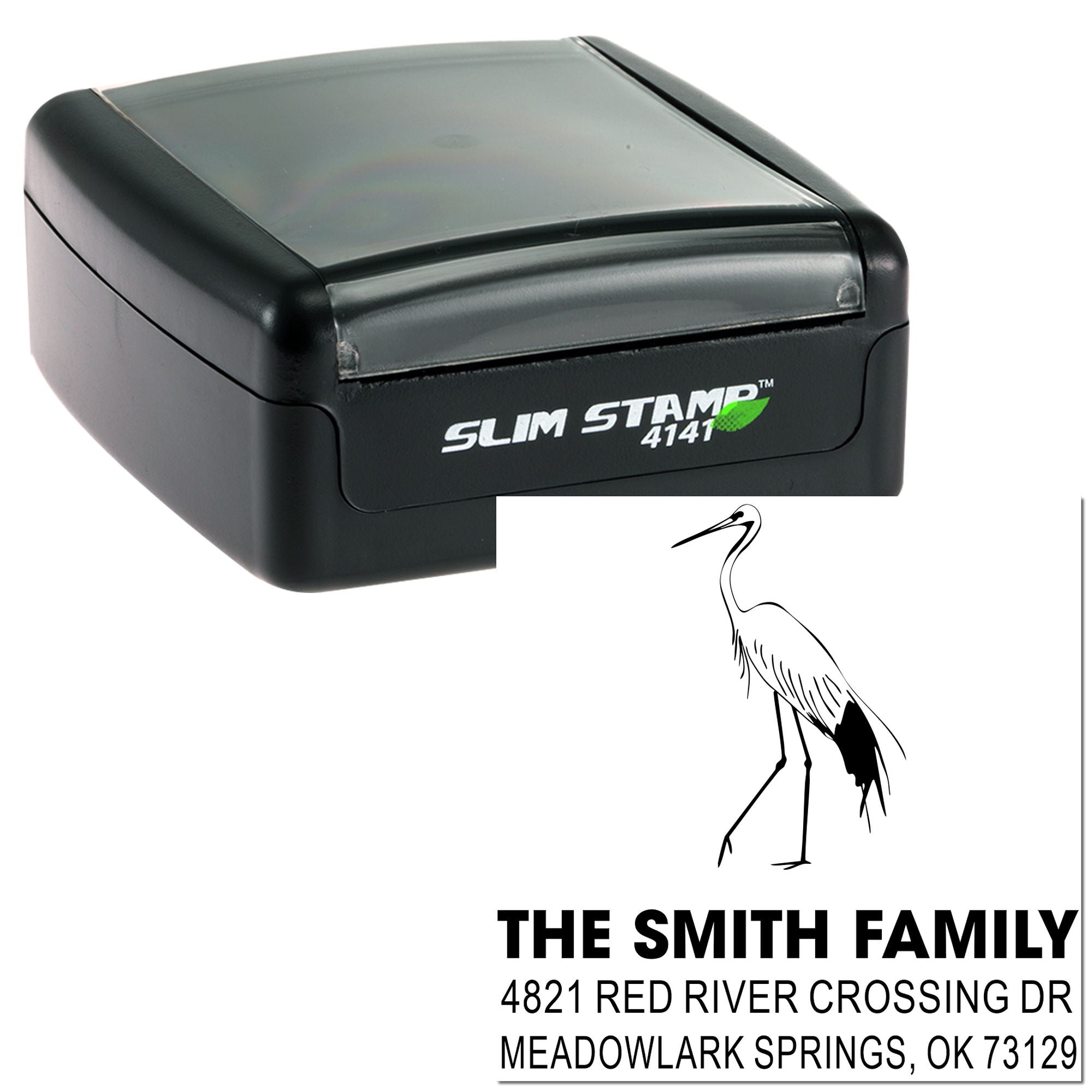 Custom Slim Stamp 4141 self-inking rubber stamp with heron logo and personalized family return address for envelopes, stationery, and mail.