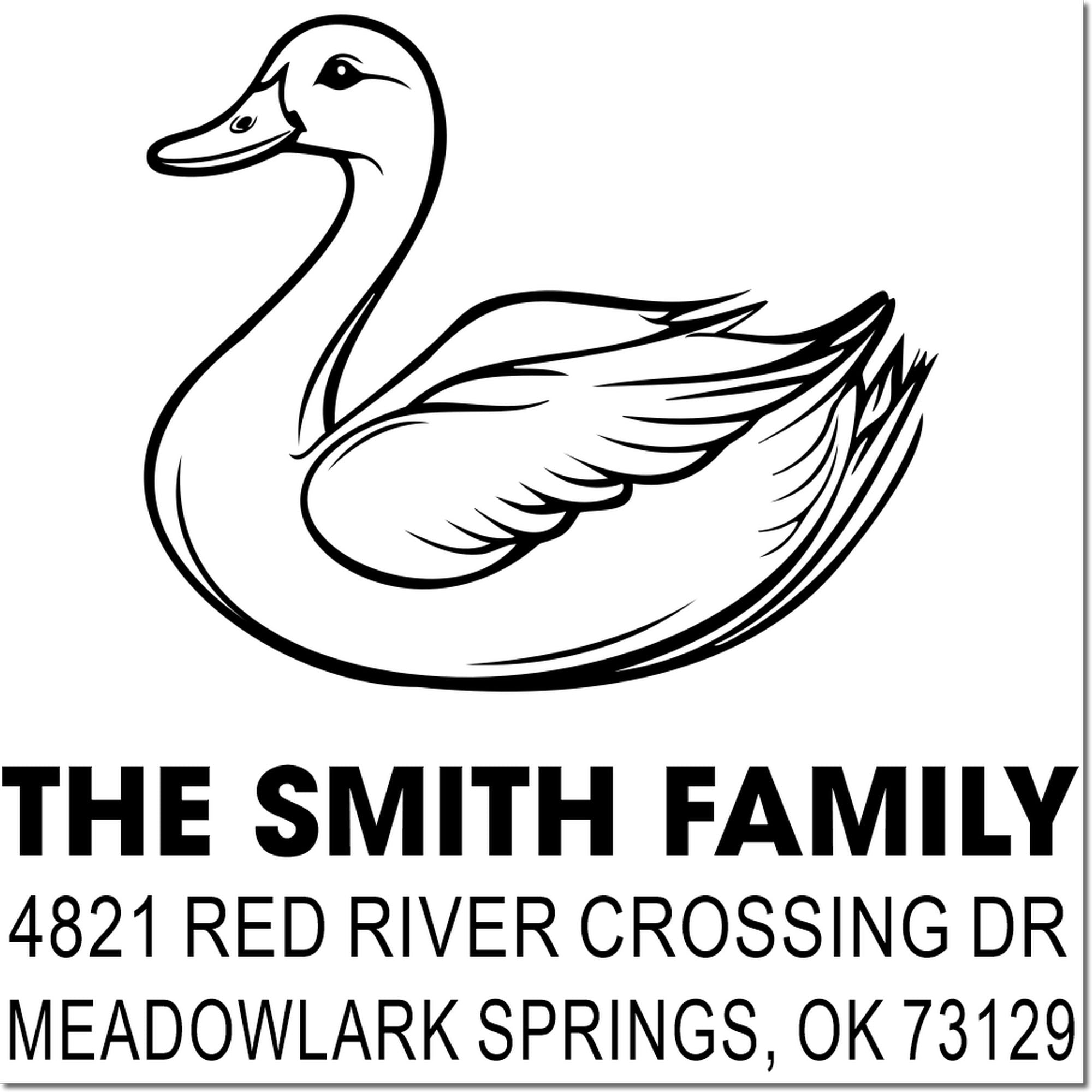 Custom personalized duck return address rubber stamp with family name and address, The Smith Family, 4821 Red River Crossing Dr, Meadowlark Springs, OK 73129
