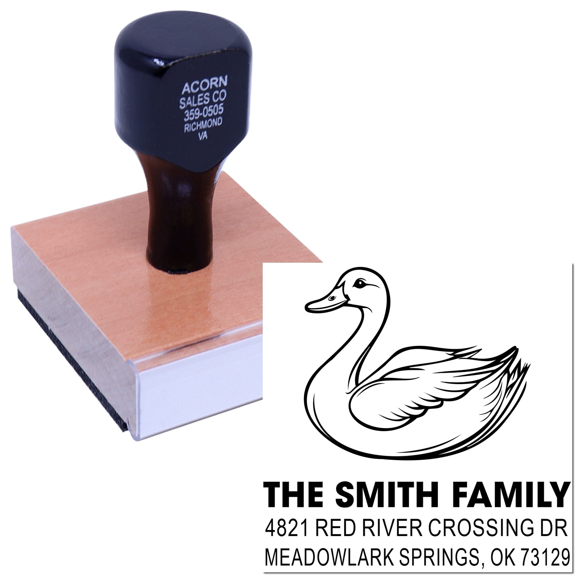 Custom self-inking rubber stamp with duck design, THE SMITH FAMILY name and address, ideal for personalized return address stamping and mailing.