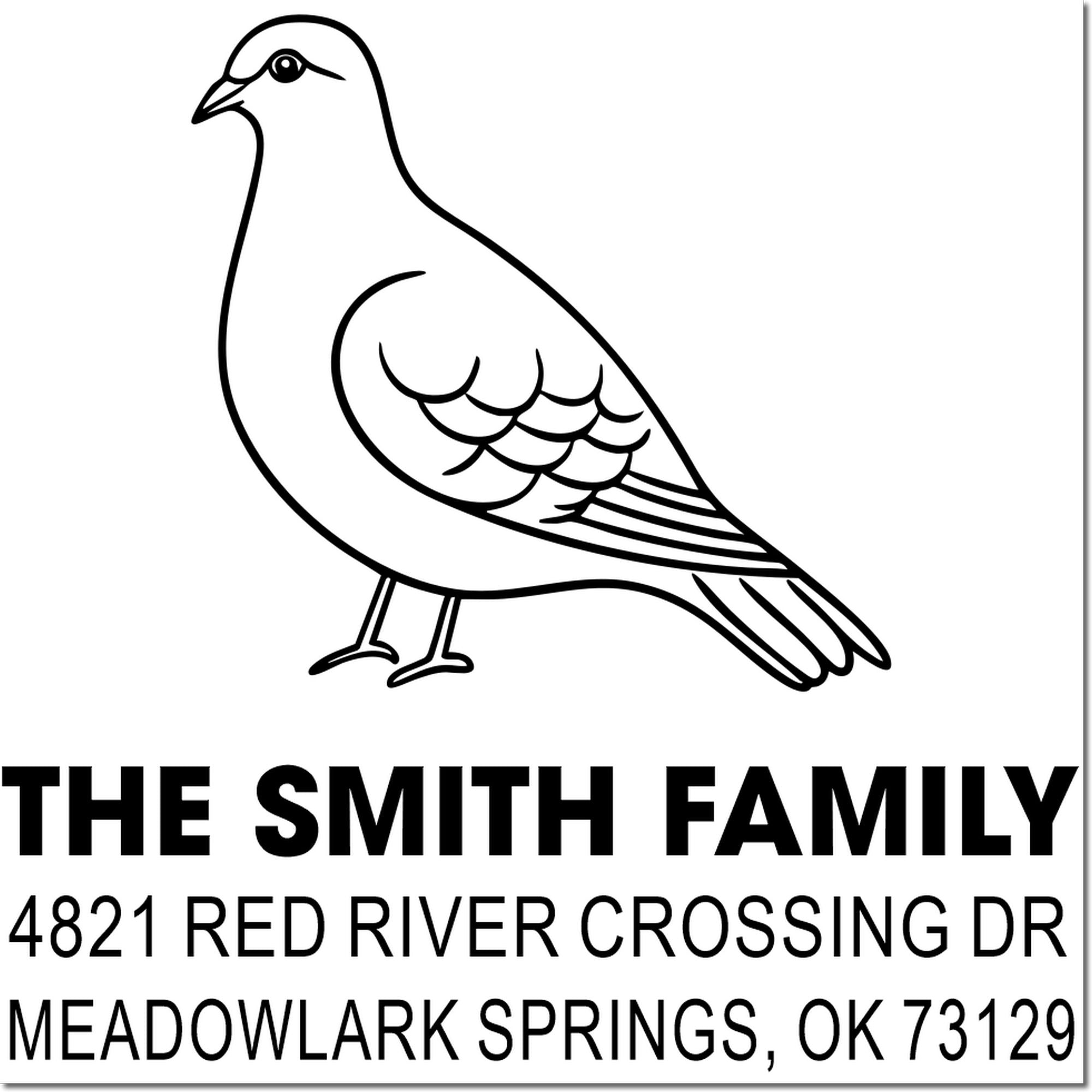Personalized return address rubber stamp with dove logo, The Smith Family, 4821 Red River Crossing Dr, Meadowlark Springs, OK 73129 for mailings