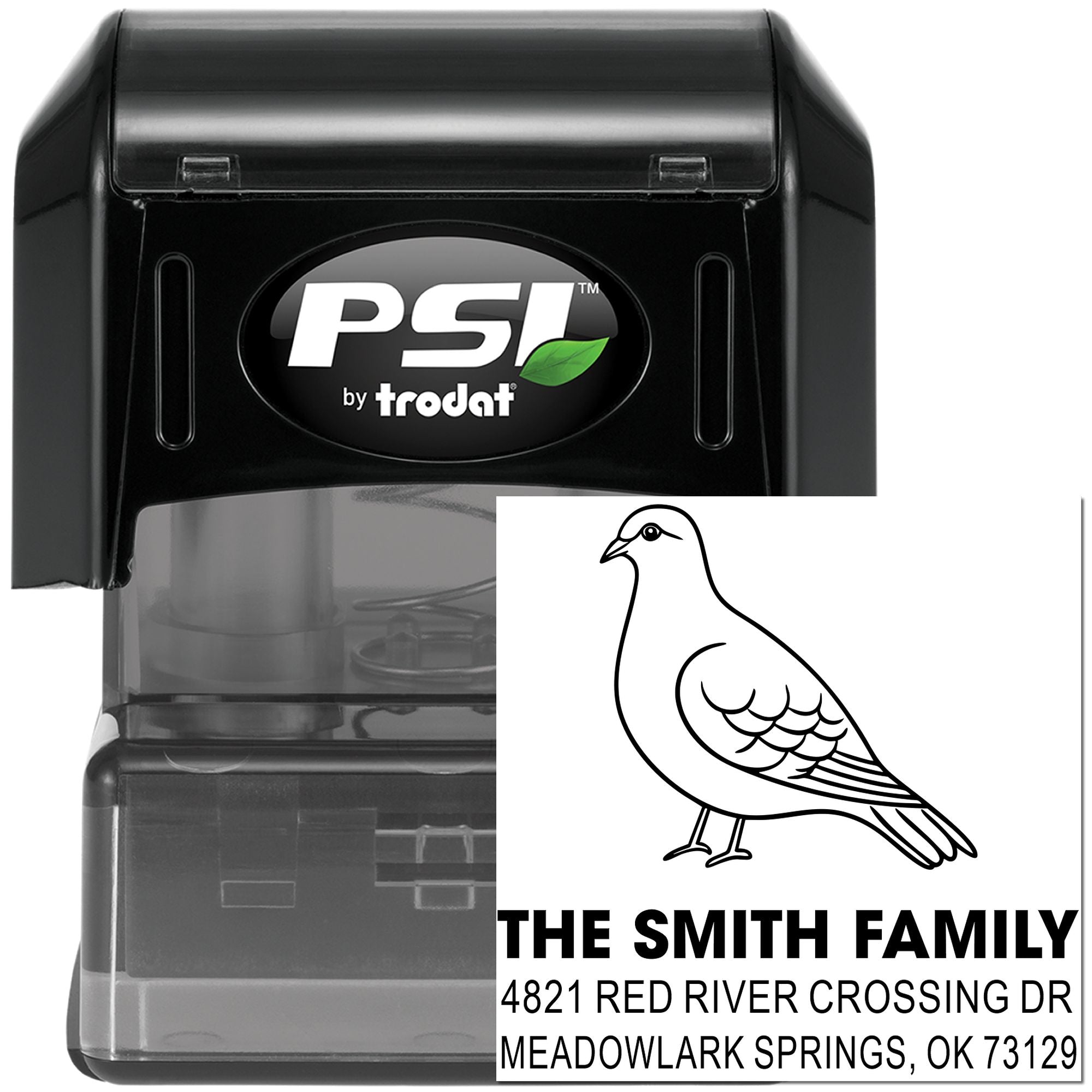 Custom self-inking rubber stamp with dove logo, family name, and address for personalized return address, mailing, or wedding invitations.