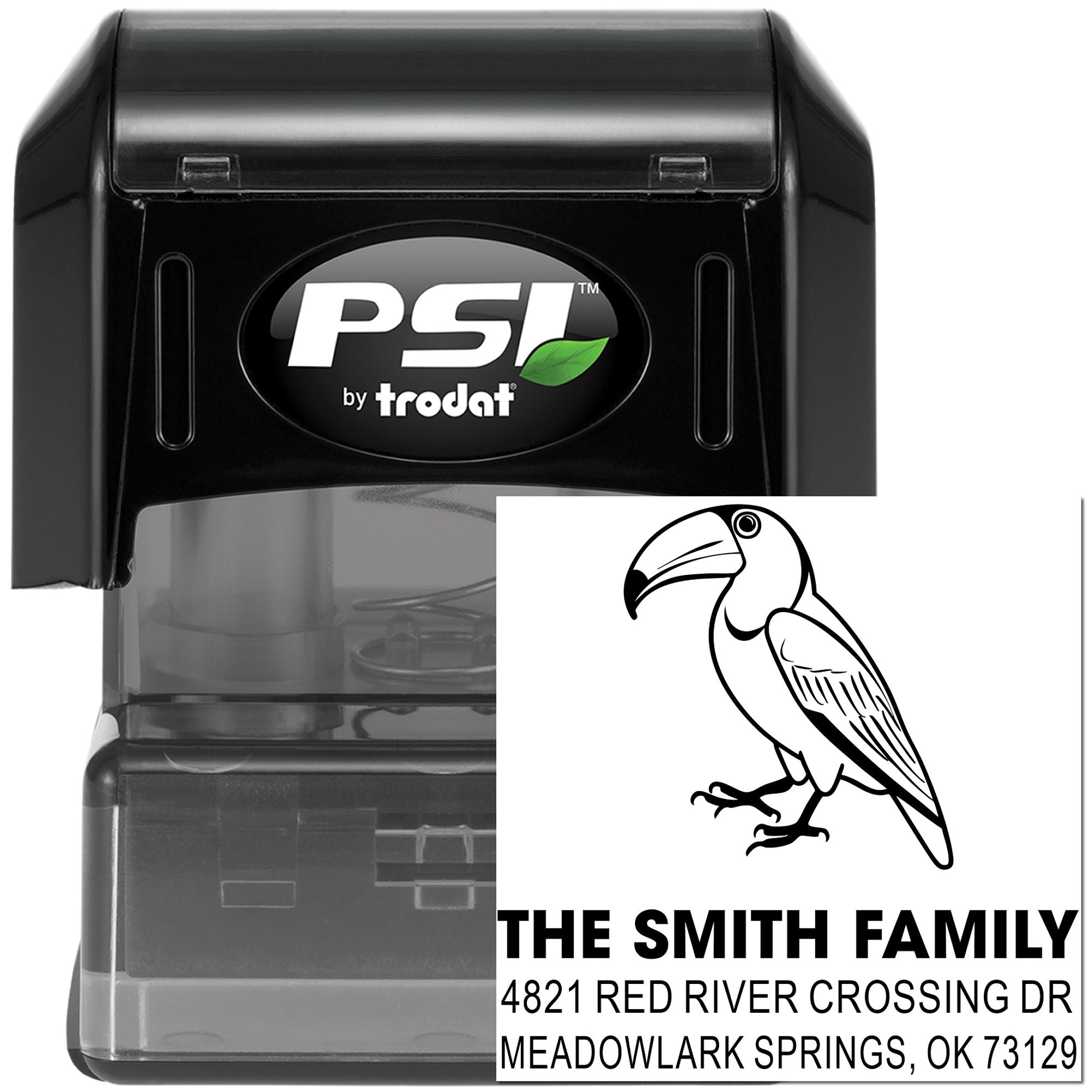 Custom self-inking rubber stamp with toucan design, PSI by Trodat, personalized family name and return address for envelopes and mailings