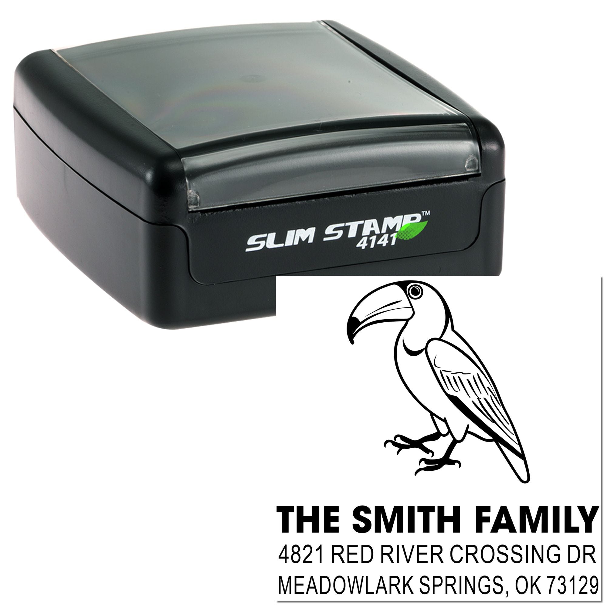 Custom self-inking Slim Stamp 4141 with toucan logo and The Smith Family address, ideal rubber stamp for personalized mailing and business use