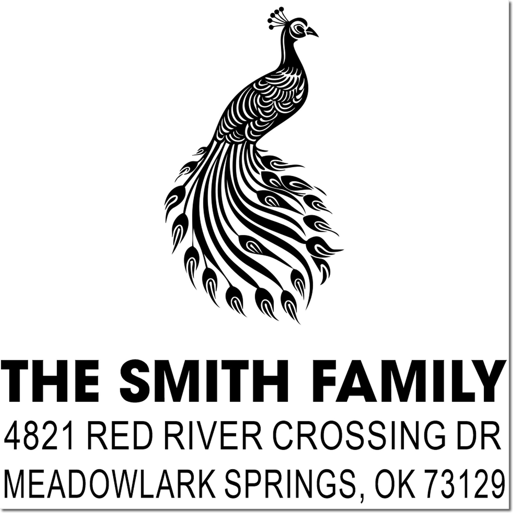 Custom decorative peacock return address rubber stamp for The Smith Family, 4821 Red River Crossing Dr, Meadowlark Springs, OK 73129