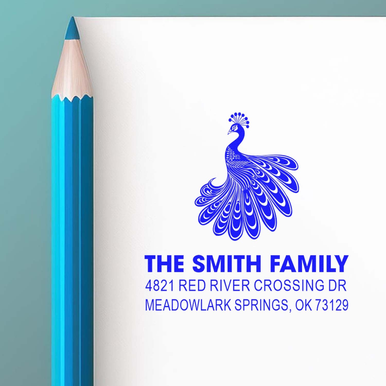 Custom rubber address stamp with peacock design, The Smith Family name, and return address for personalized mailing and stationery use
