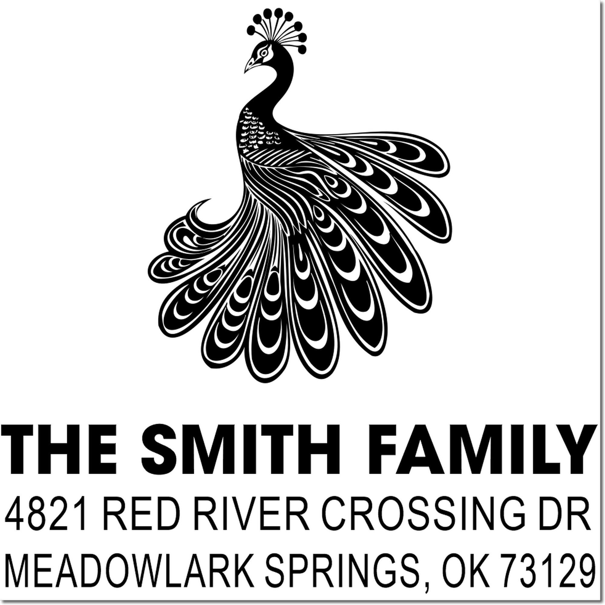 Custom peacock address stamp for The Smith Family, 4821 Red River Crossing Dr, Meadowlark Springs, OK 73129, decorative rubber stamp design.
