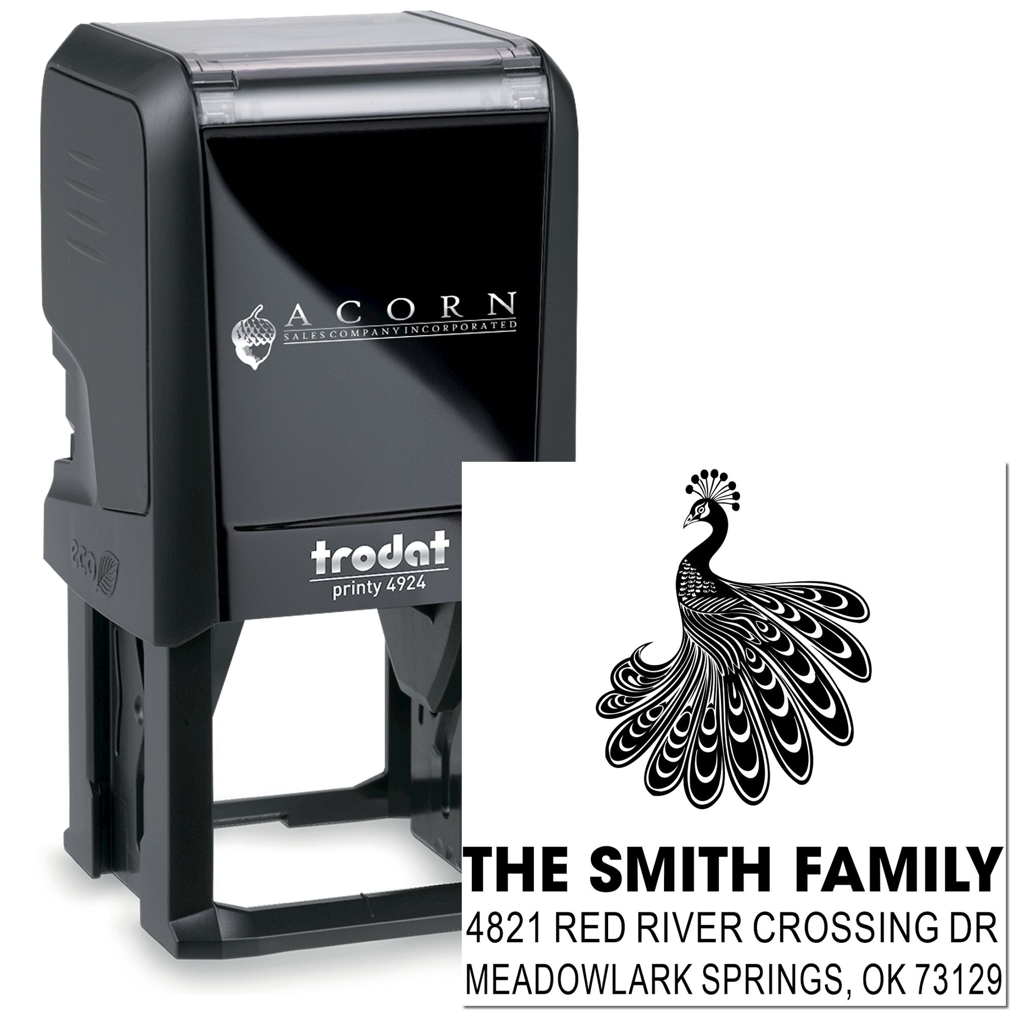Custom self-inking rubber stamp with peacock design and family address, Trodat Printy 4924 black stamp for mailing, branding, and crafts.