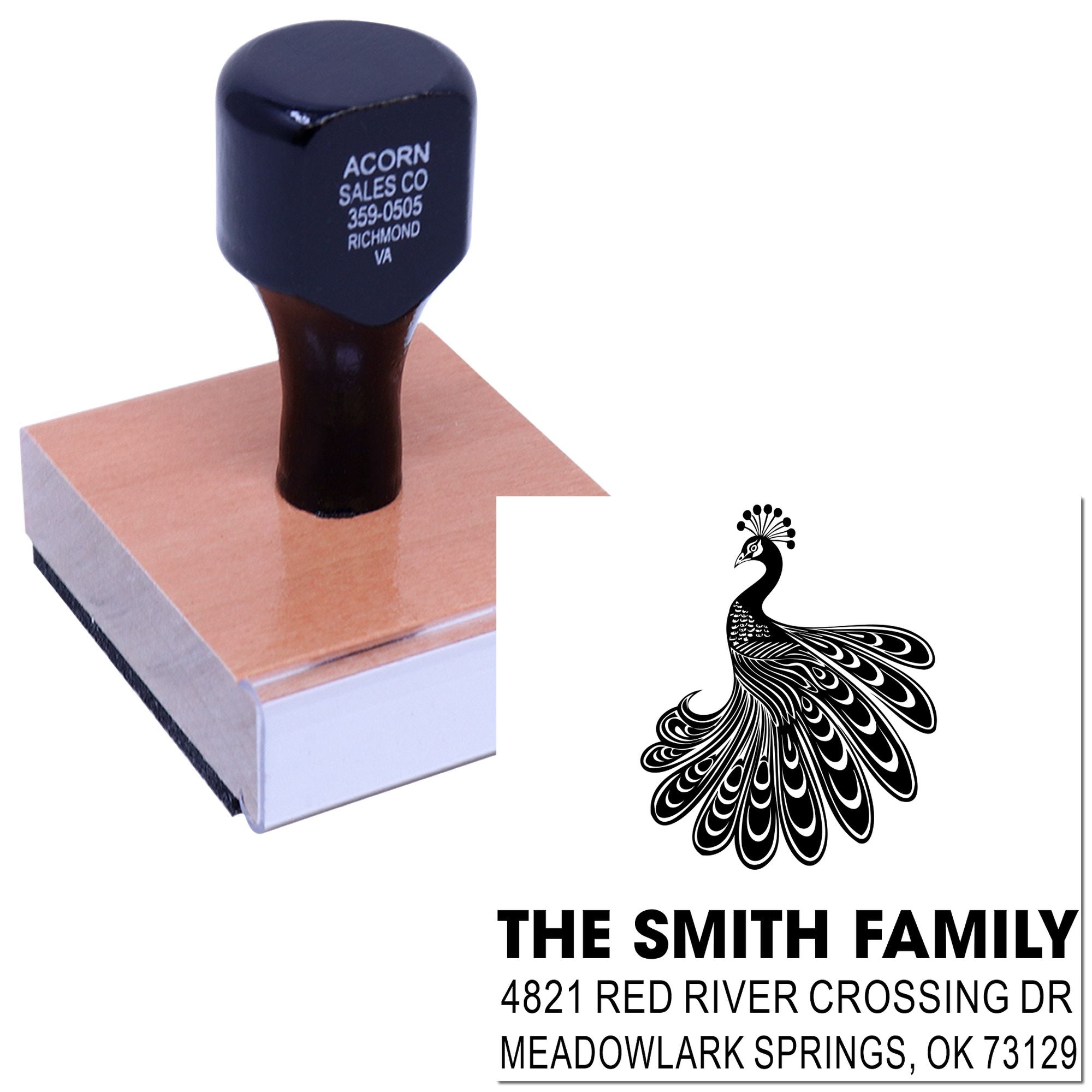 Custom peacock family address rubber stamp with wooden handle, featuring The Smith Family and Meadowlark Springs, OK 73129 custom return address design