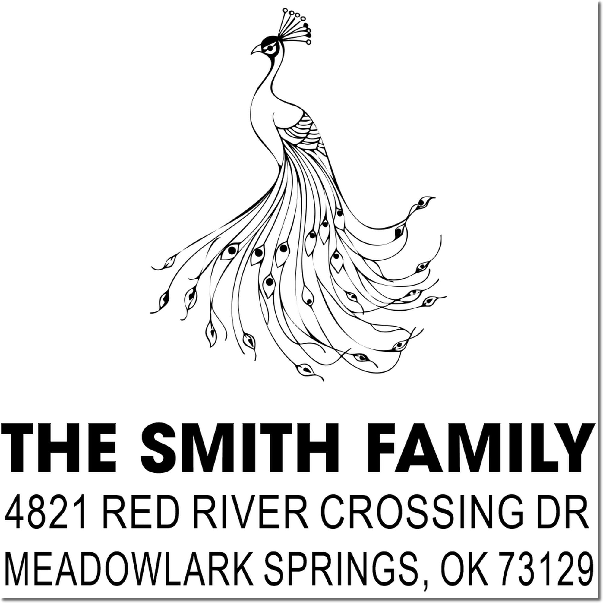 Custom personalized peacock rubber return address stamp for The Smith Family, 4821 Red River Crossing Dr, Meadowlark Springs, OK 73129