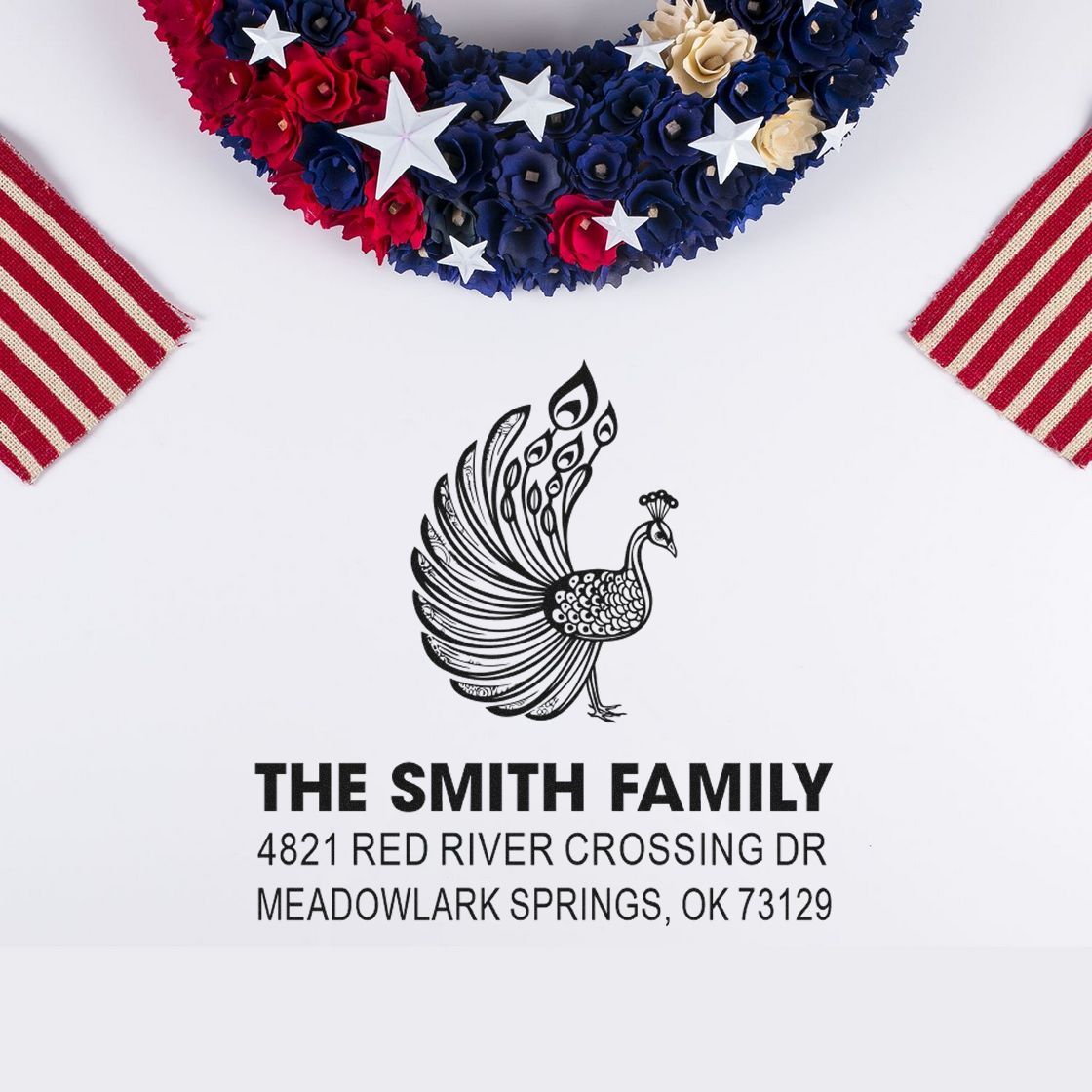 Custom return address rubber stamp with peacock design, The Smith Family name and Meadowlark Springs OK address for holiday stationery