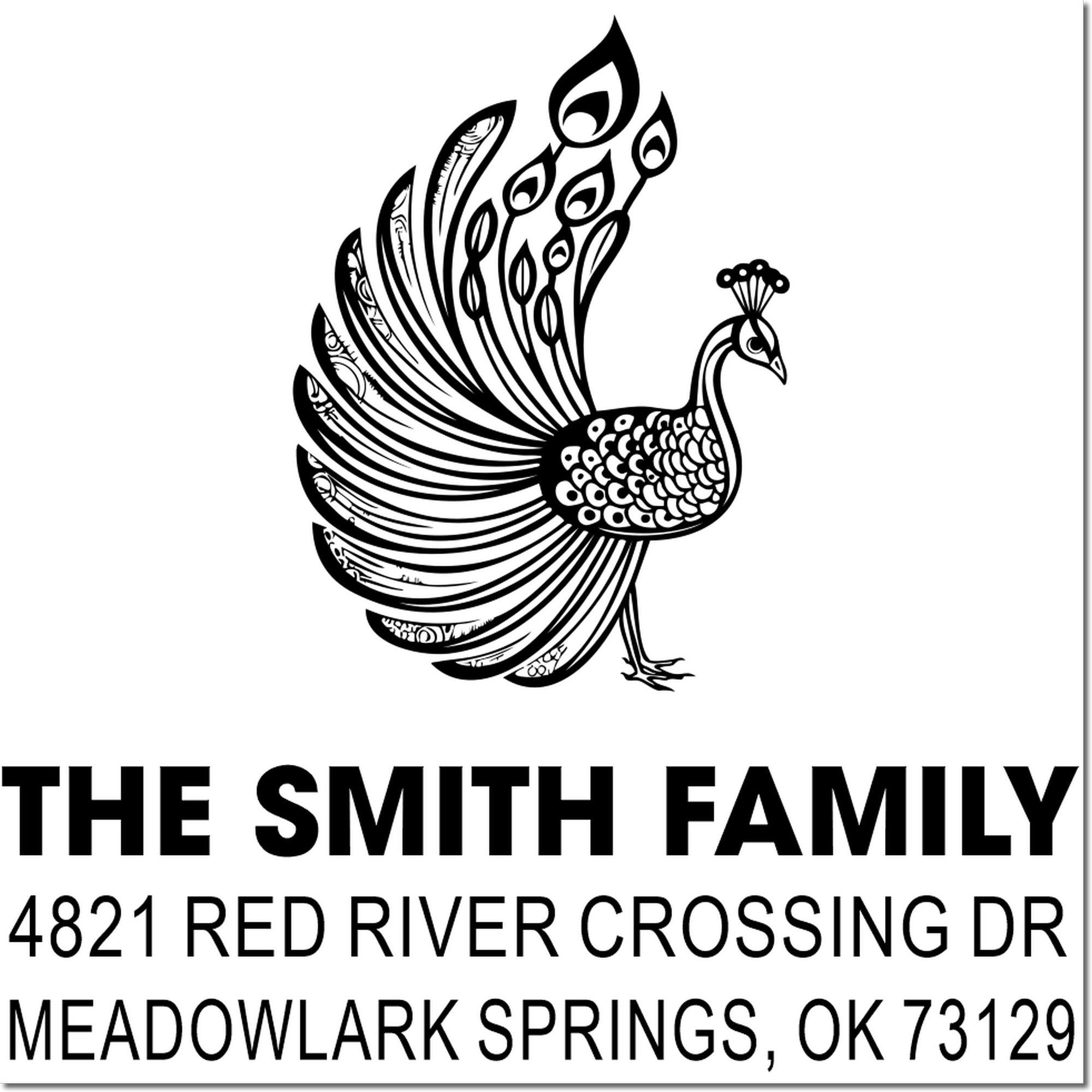 Custom peacock return address rubber stamp for The Smith Family, 4821 Red River Crossing Dr, Meadowlark Springs, OK 73129