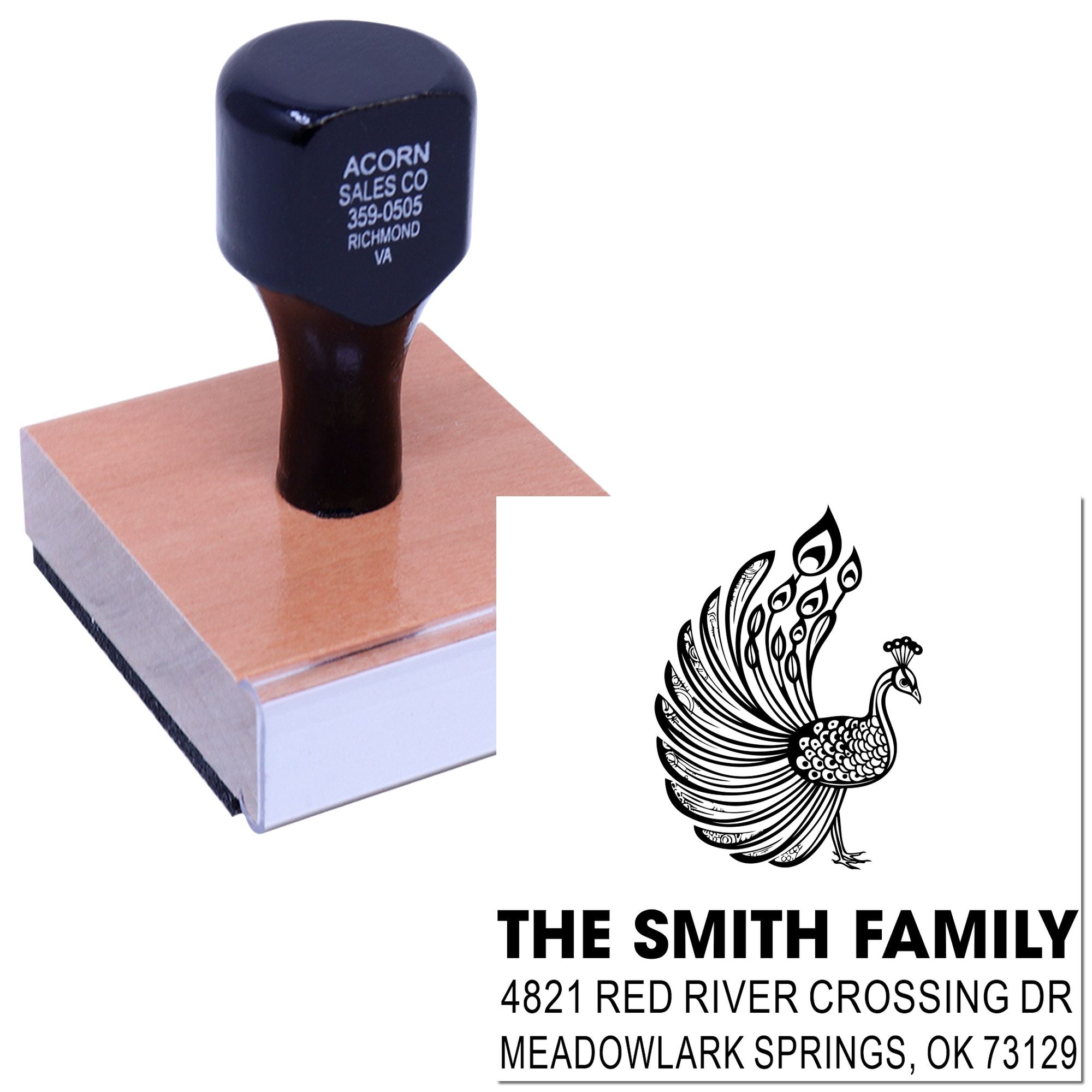 Custom rubber address stamp with peacock design, Smith Family name, and Meadowlark Springs, OK address on self-inking stamp block for personalized mailing