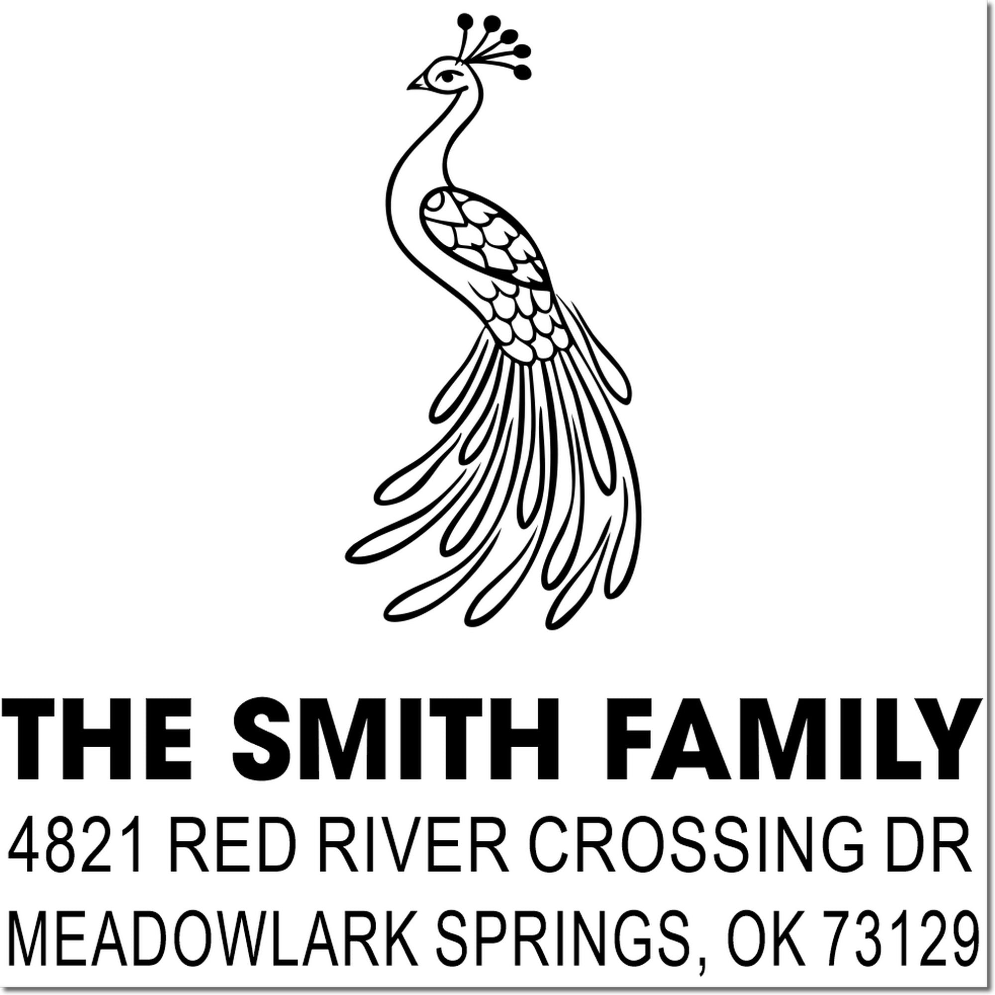 Custom peacock family address rubber stamp with Smith family name, Red River Crossing Dr, Meadowlark Springs, OK 73129 for mailing labels