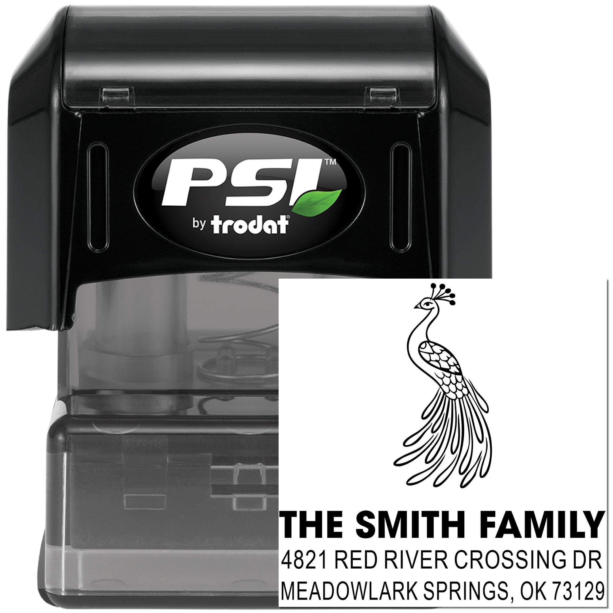 Custom self-inking address stamp with peacock design, PSI by Trodat rubber stamp, personalized family return address stamp for mail and envelopes