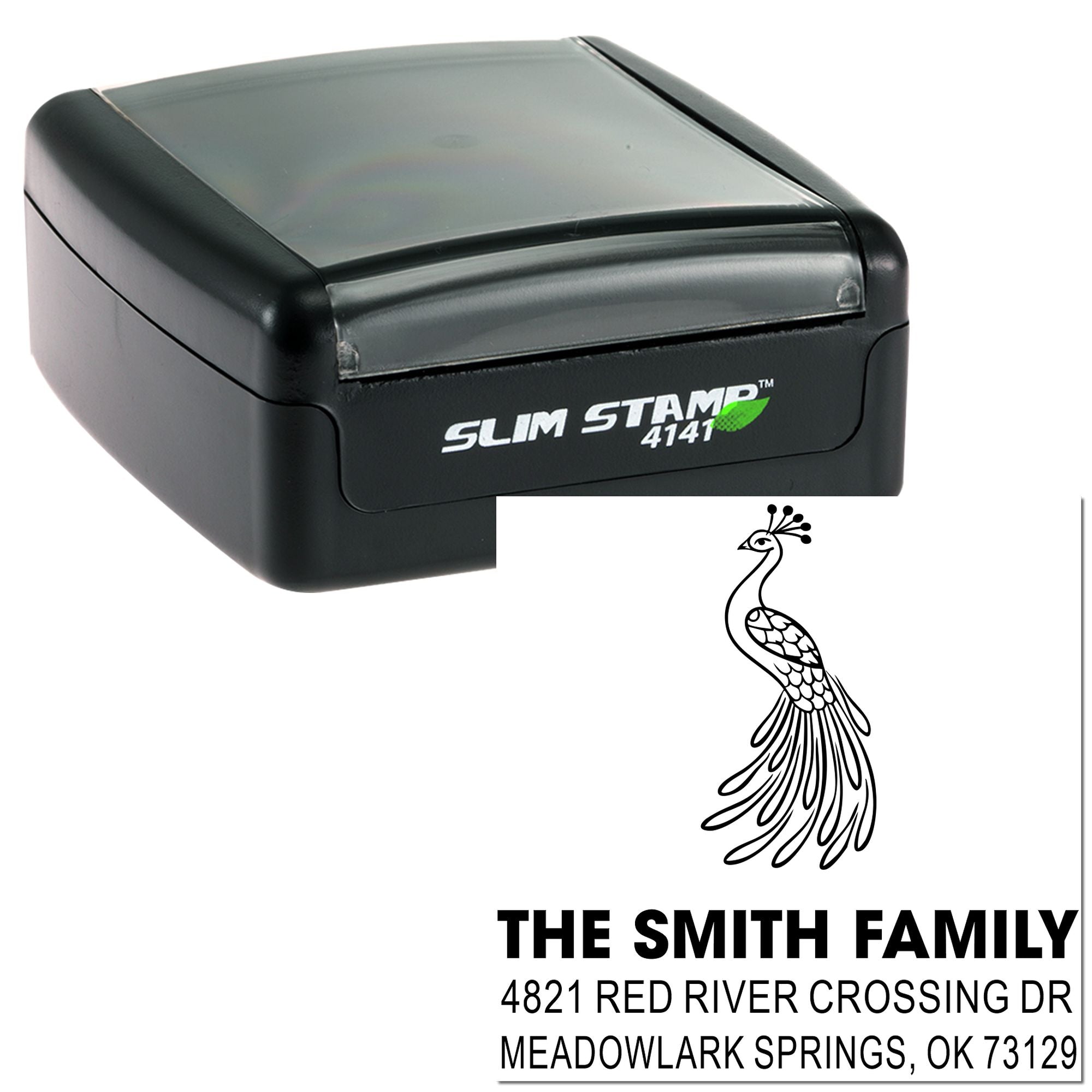 Custom self-inking Slim Stamp 4141 with peacock design and family address, personalized rubber return address stamp for mailing and stationery use