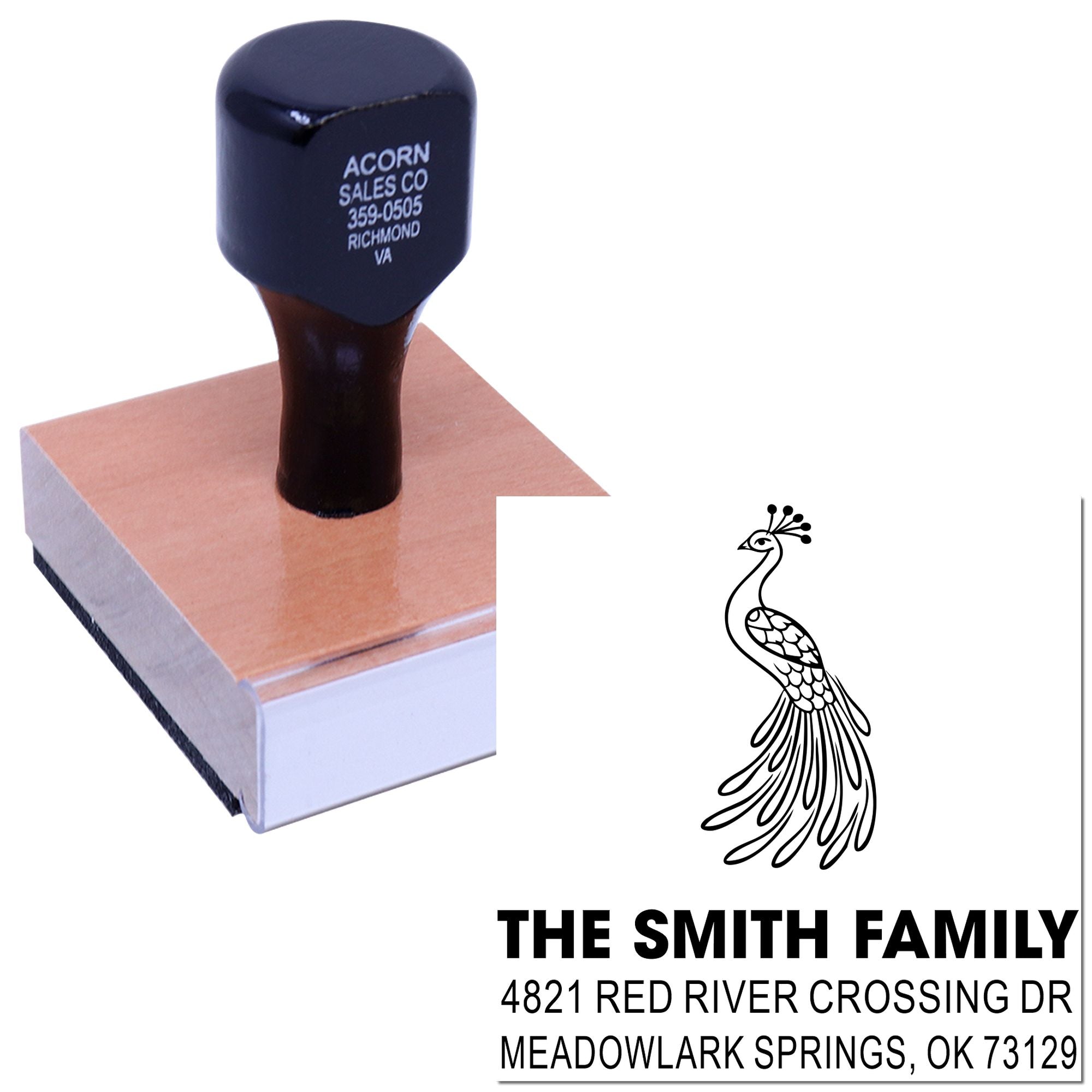 Custom rubber stamp with peacock design and return address for The Smith Family, 4821 Red River Crossing Dr, Meadowlark Springs, OK 73129