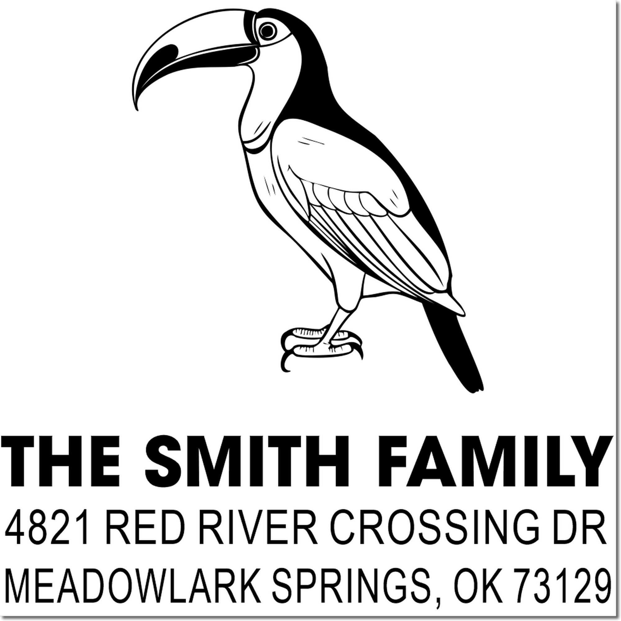 Personalized rubber return address stamp with toucan logo, Smith family name, 4821 Red River Crossing Dr, Meadowlark Springs, OK 73129 for mailing