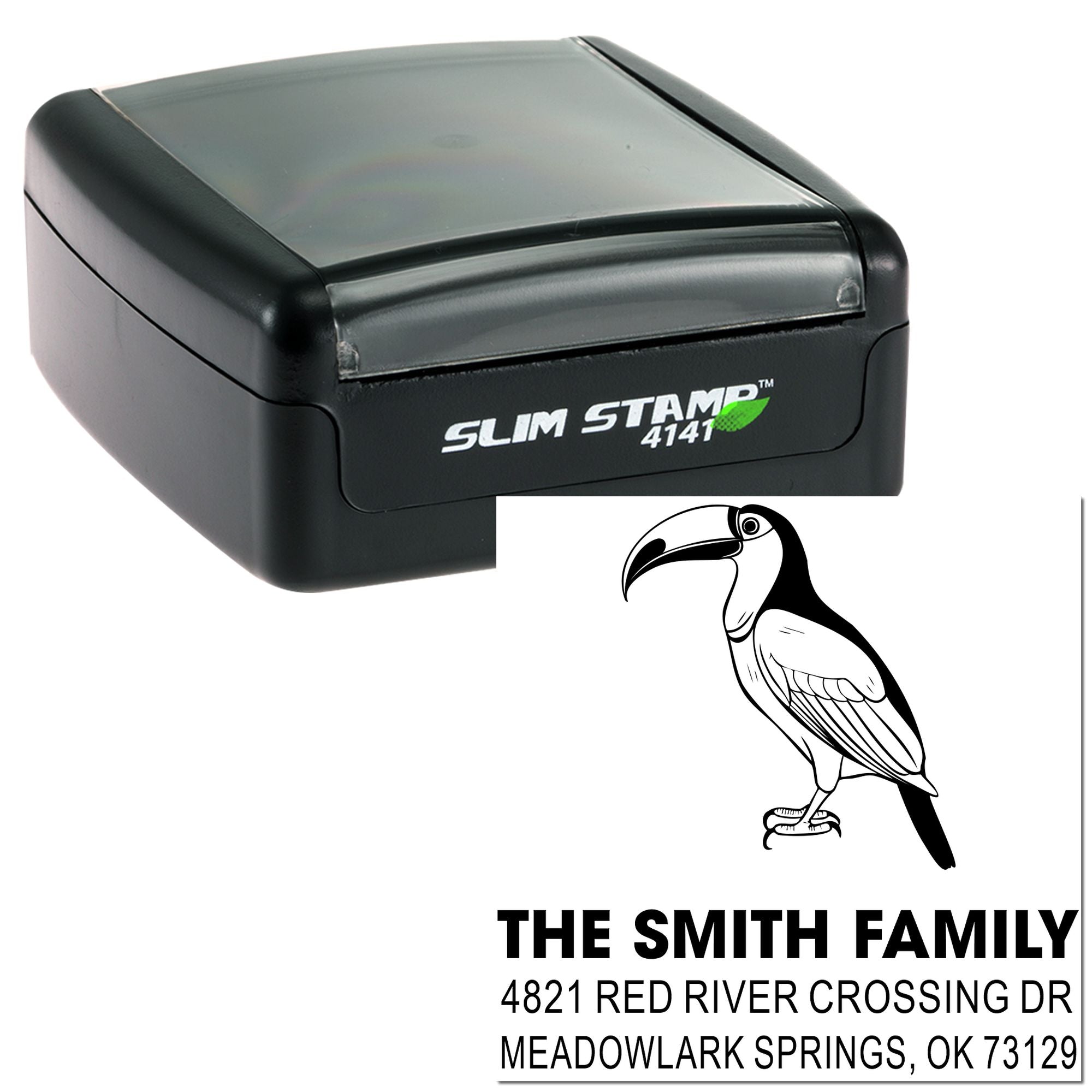 Custom self-inking rubber stamp with toucan design, The Smith Family return address, and Meadowlark Springs, OK personalized mailing stamp.