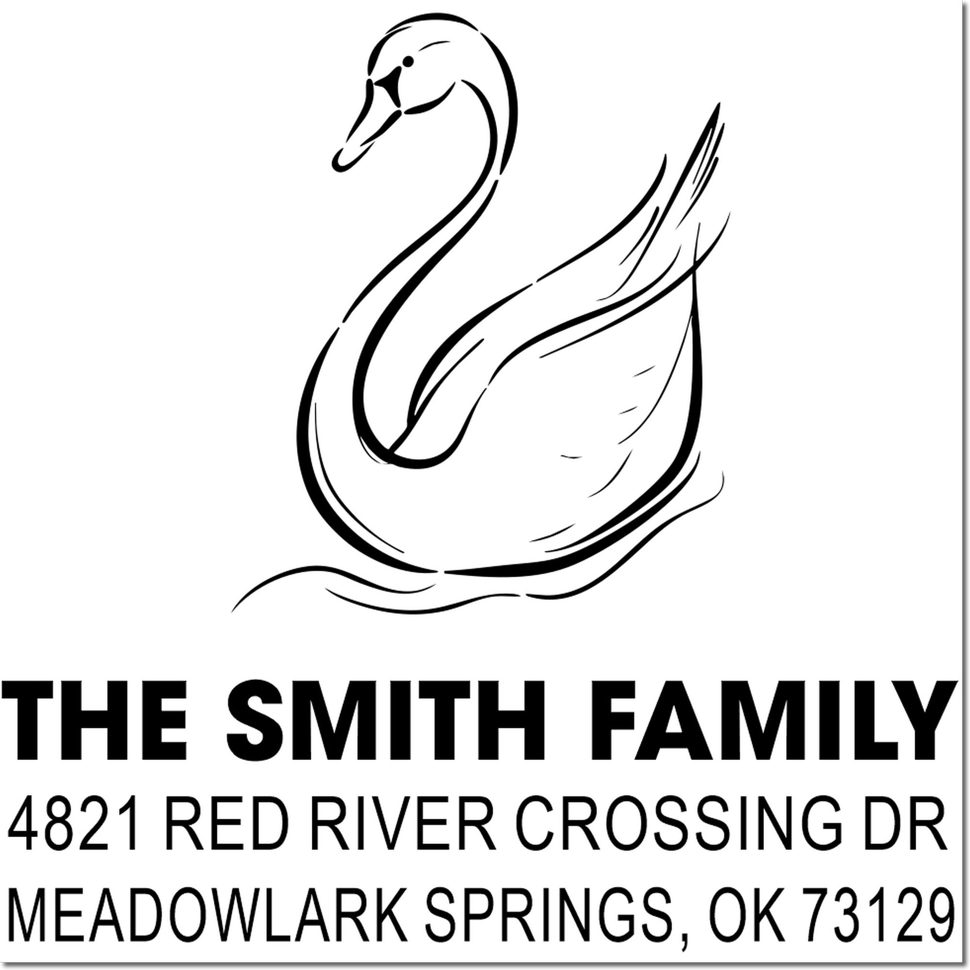 Custom swan return address rubber stamp for The Smith Family, 4821 Red River Crossing Dr, Meadowlark Springs, OK 73129 with elegant line art design
