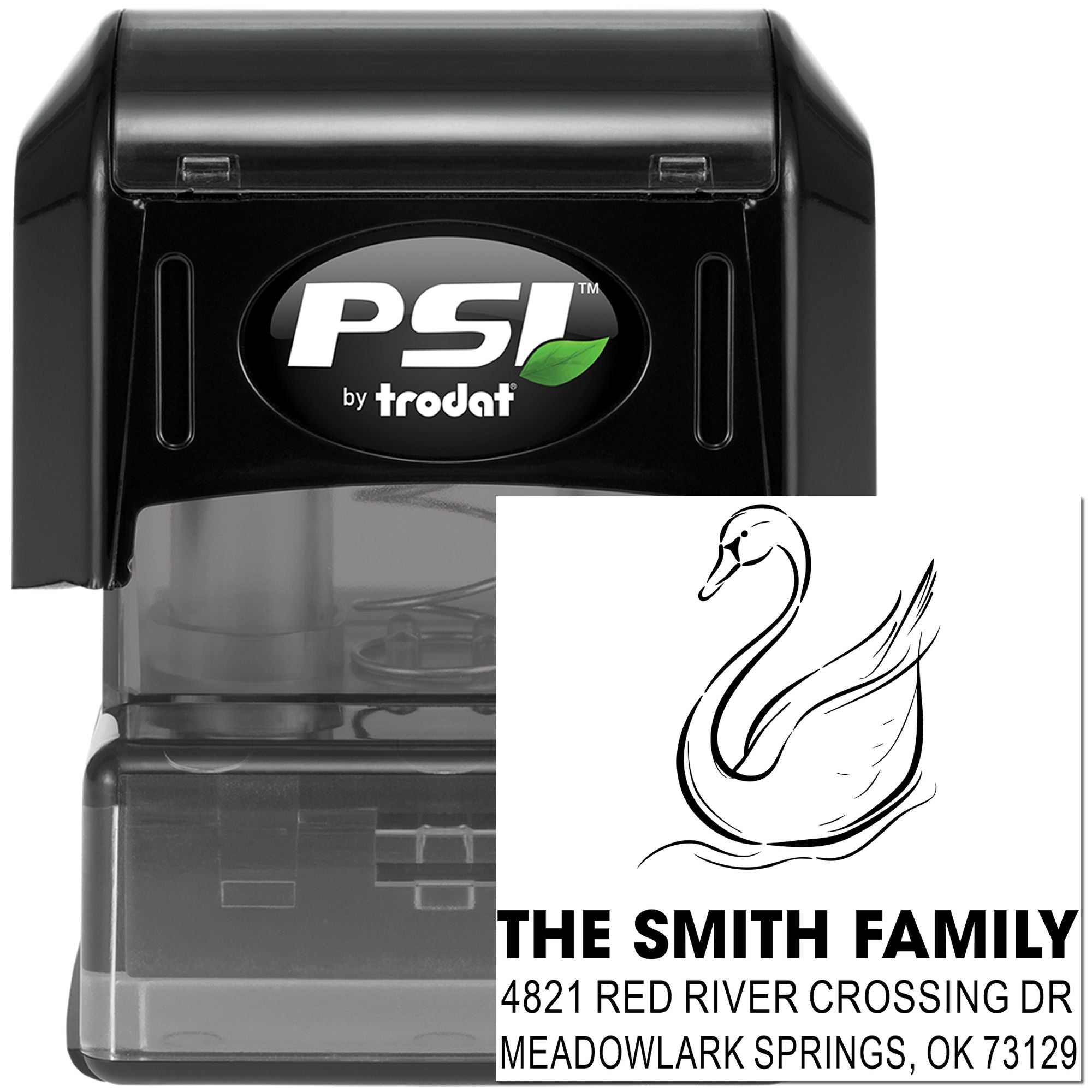 Custom self-inking address stamp with swan design, PSI by Trodat rubber stamp, featuring family name and return address for personalized mail use