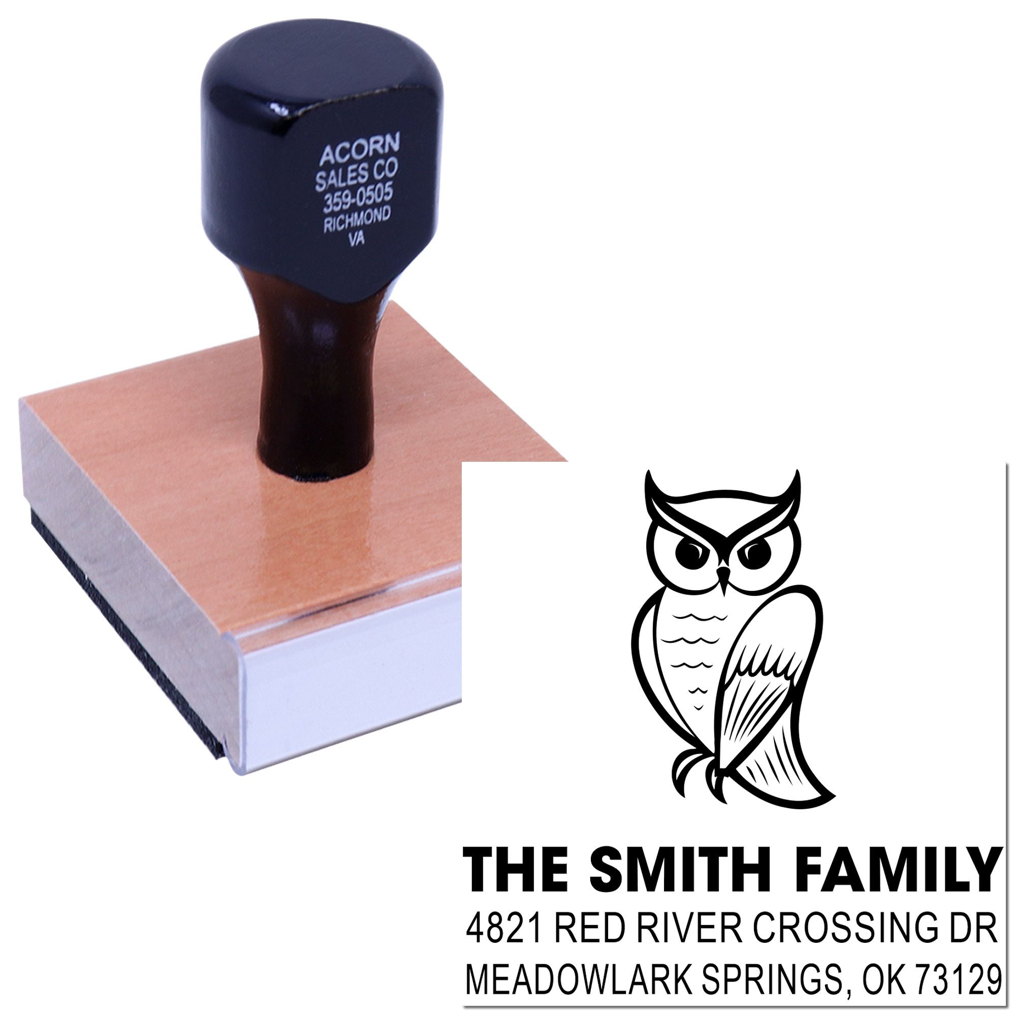 Custom owl return address rubber stamp with personalized family name, street address, and city line for mailing, wedding invites, and crafts.