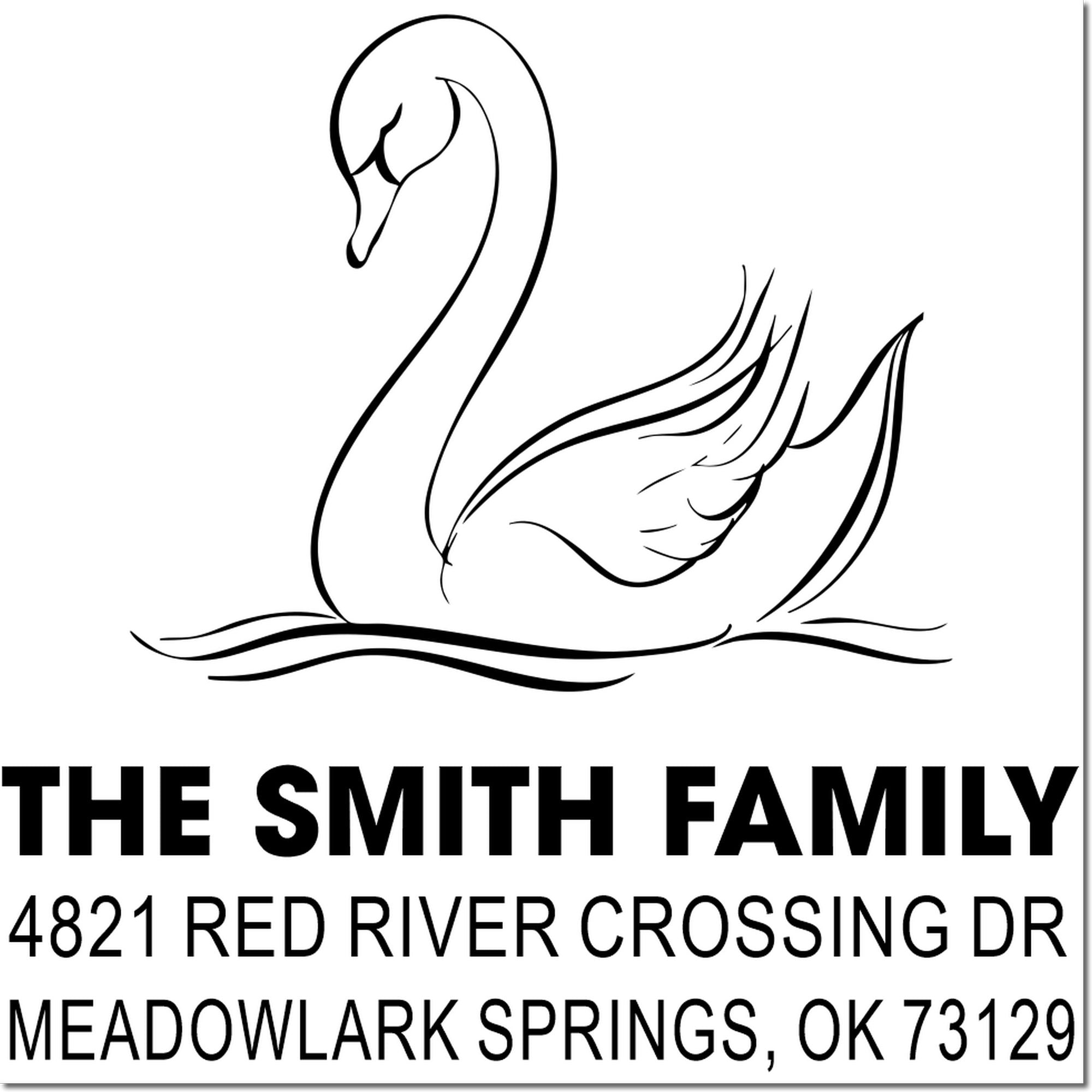 Personalized rubber return address stamp featuring swan logo, The Smith Family name, and 4821 Red River Crossing Dr, Meadowlark Springs, OK 73129